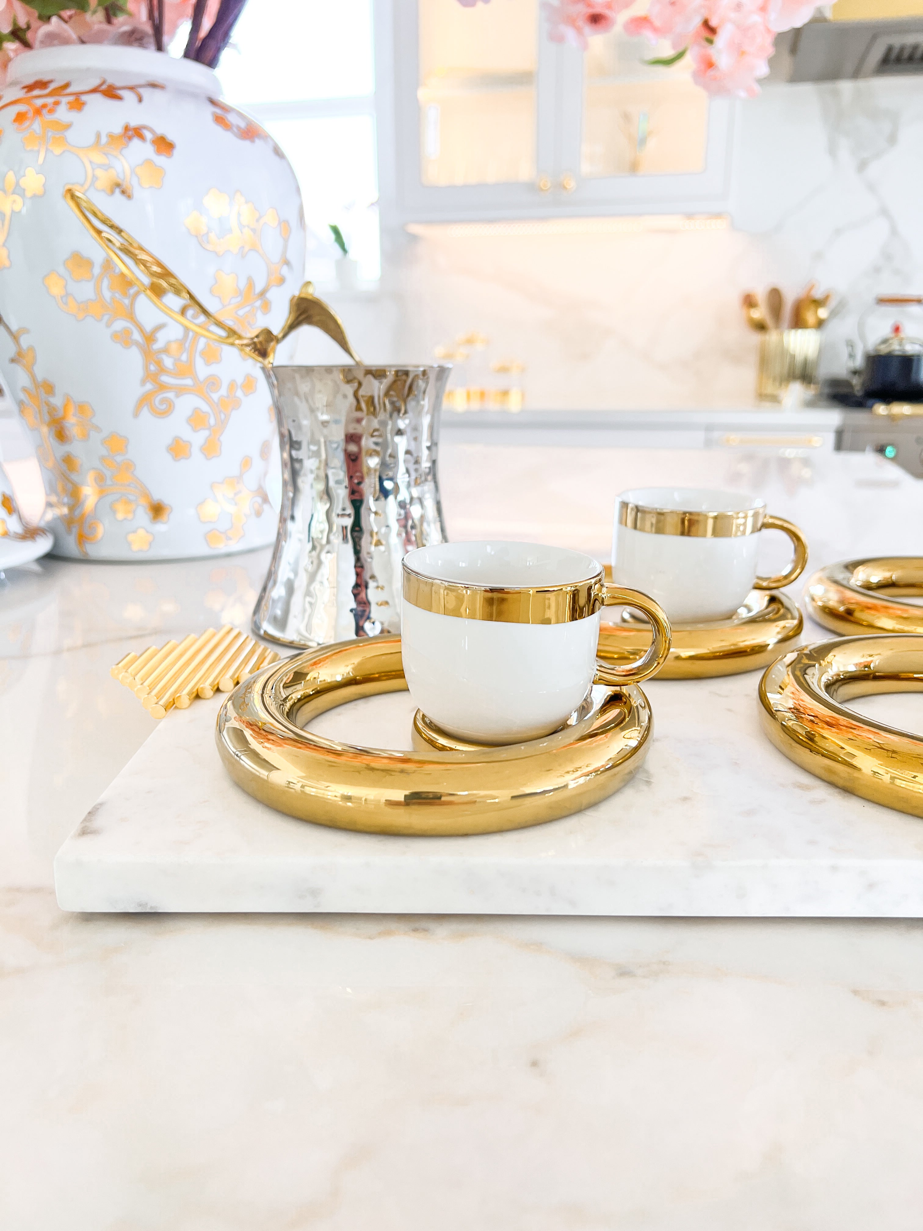 White and Gold Espresso Turkish Coffee Cups with Saucer | HTS DECOR