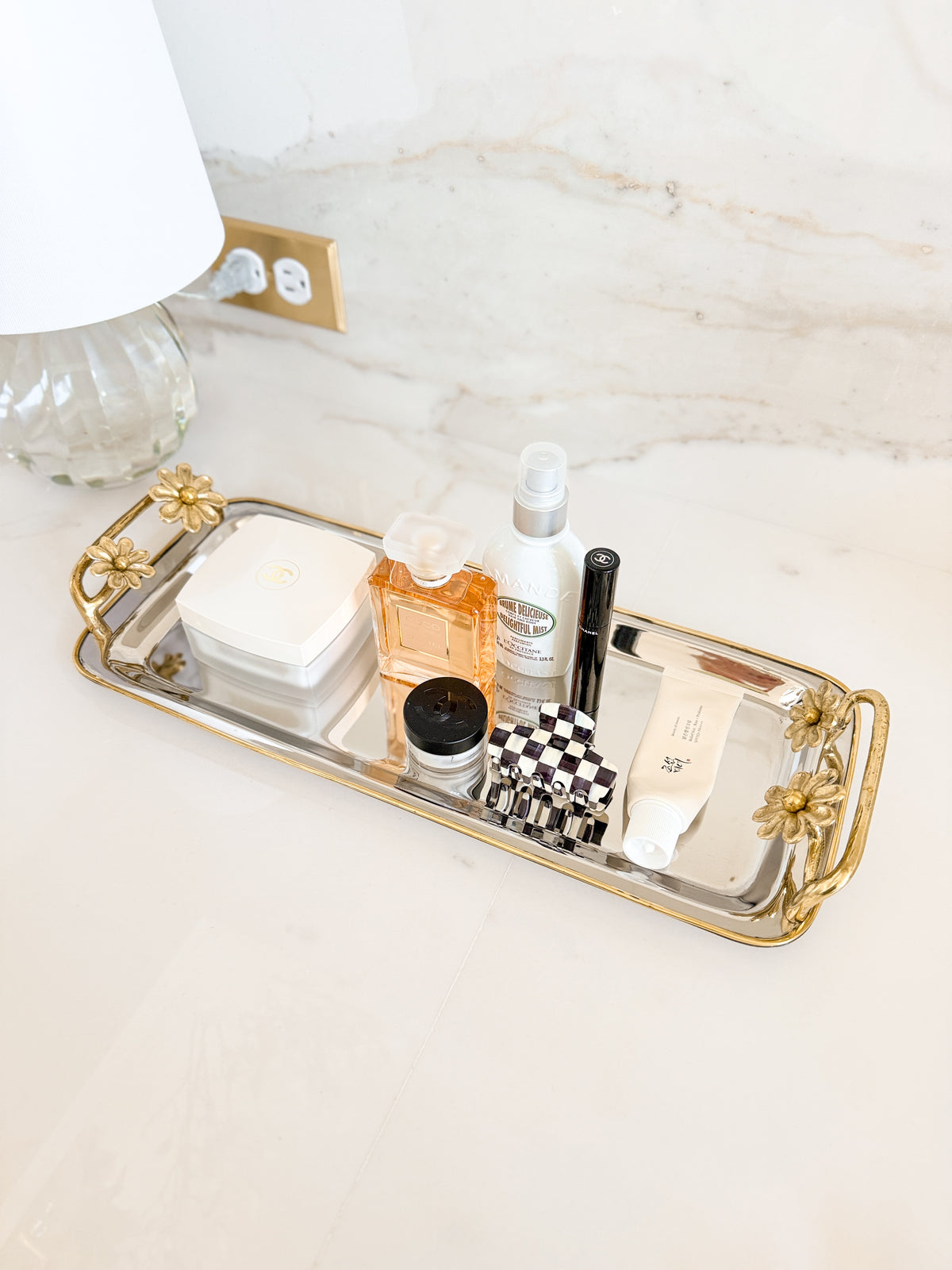 Silver Vanity Tray with Gold Floral Handles by HTS Decor