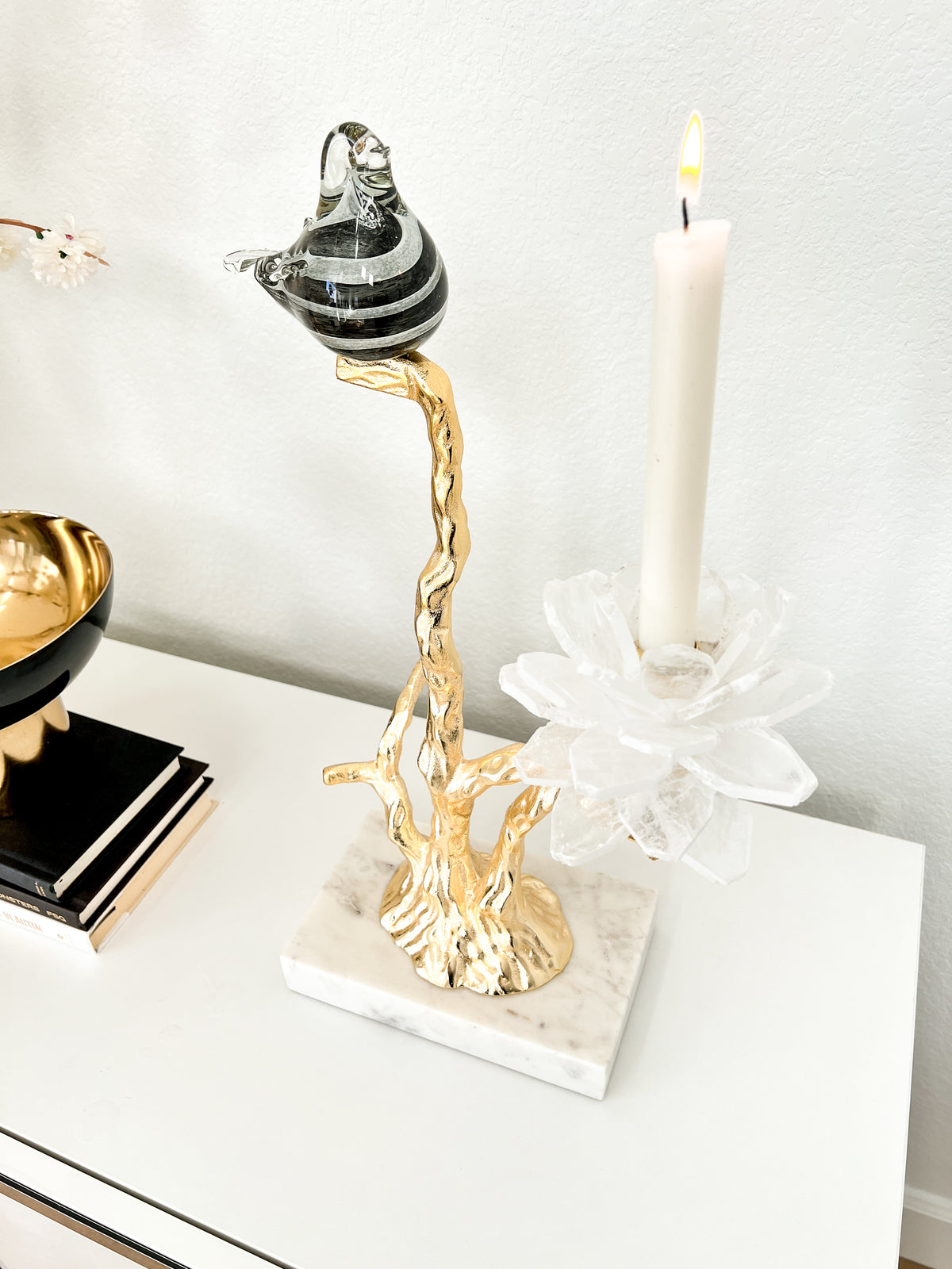 Gold Branch Candle Holder on Marble Stand HTS HOME DECOR