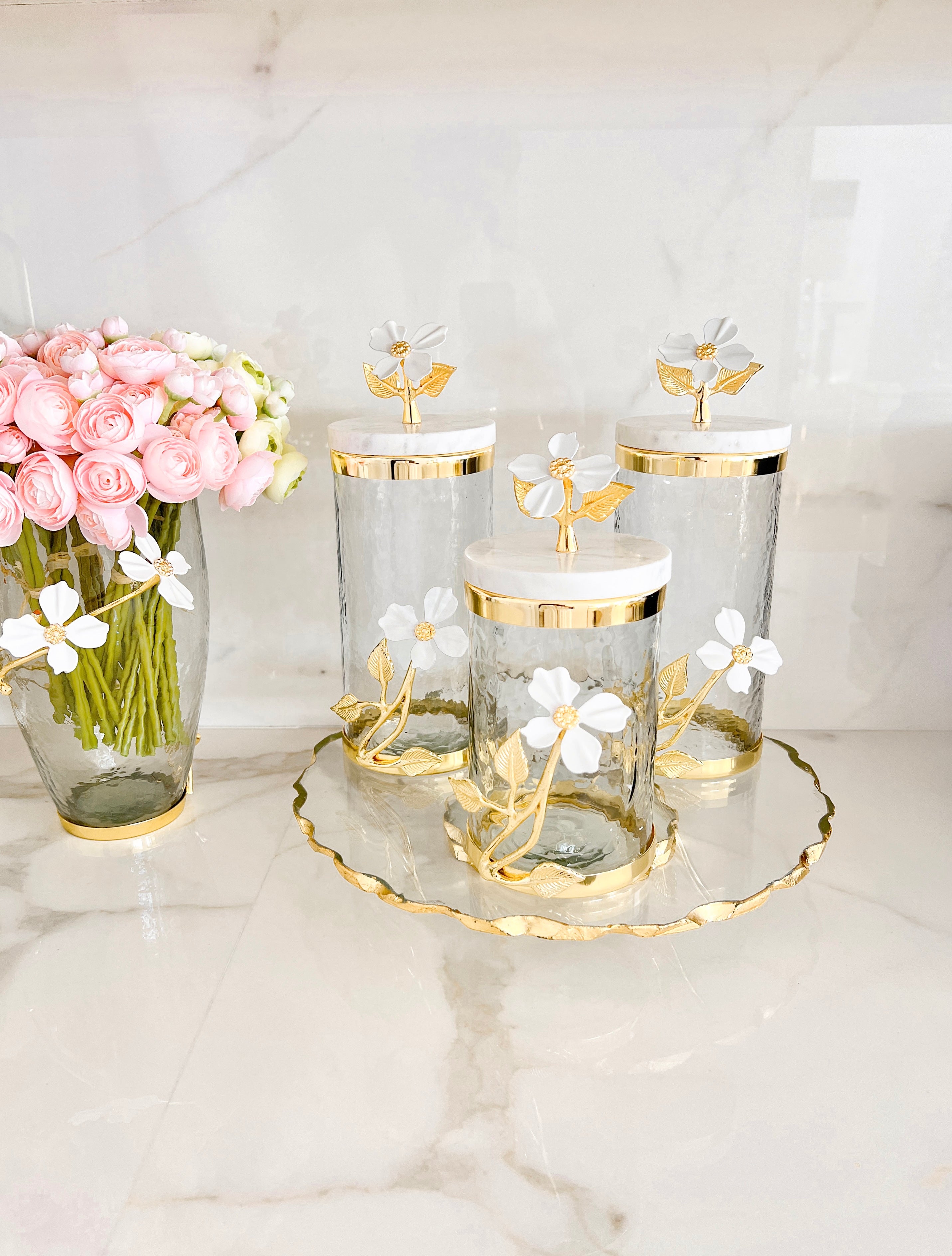 White Jasmine Flower Gold Canister