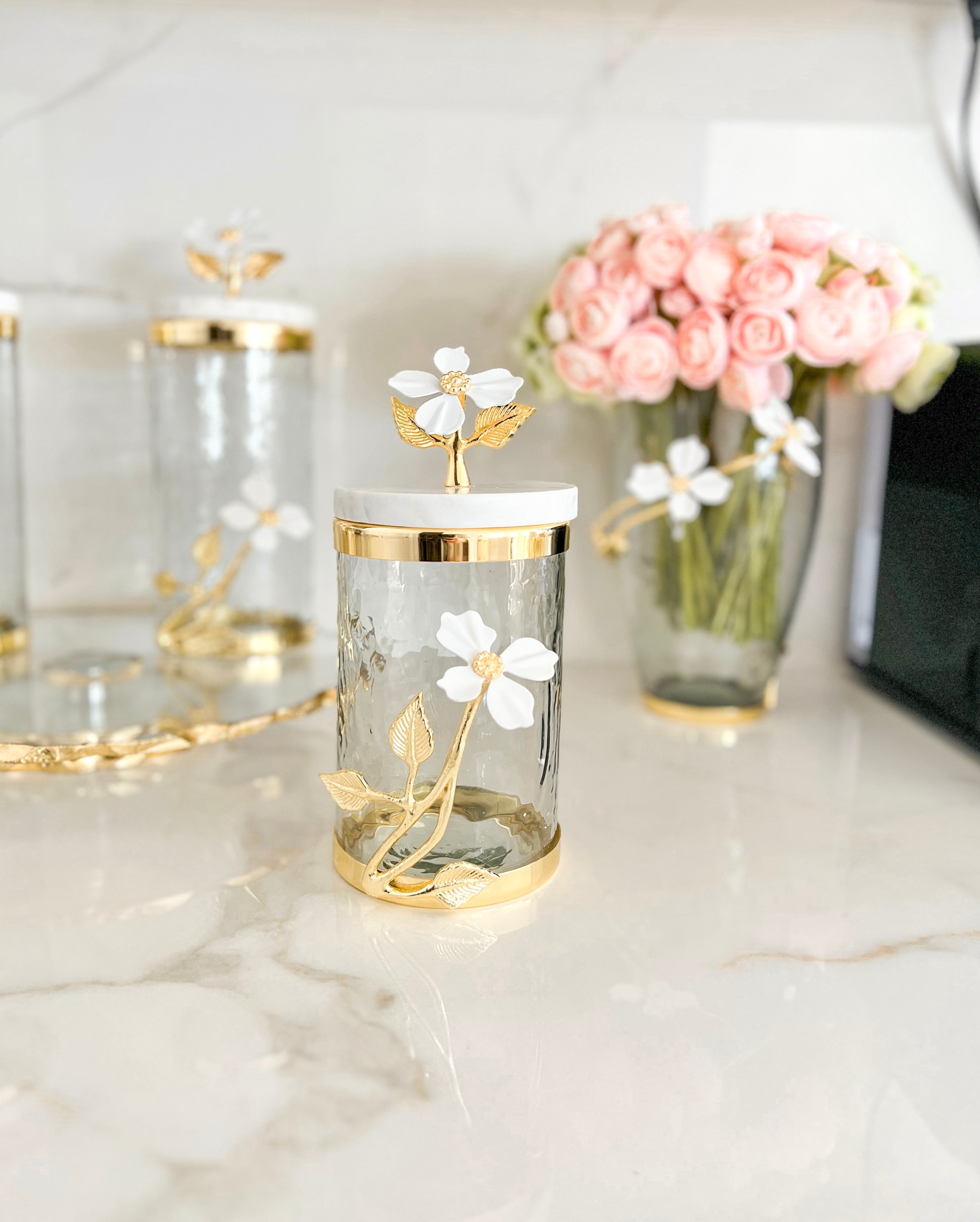 White Jasmine Flower Gold Canister