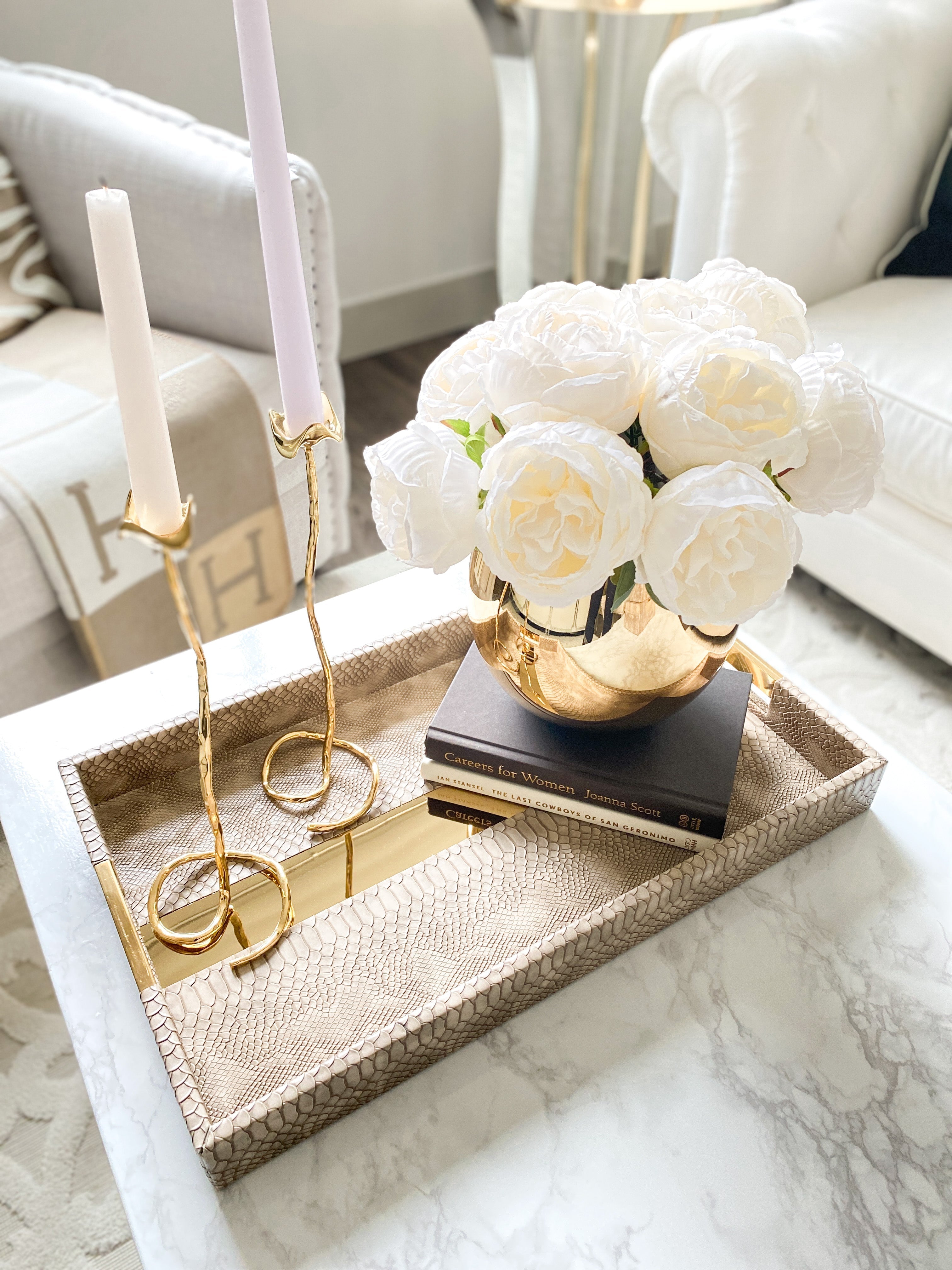 Brown Leather Tray with Gold Stripe - HTS HOME DECOR