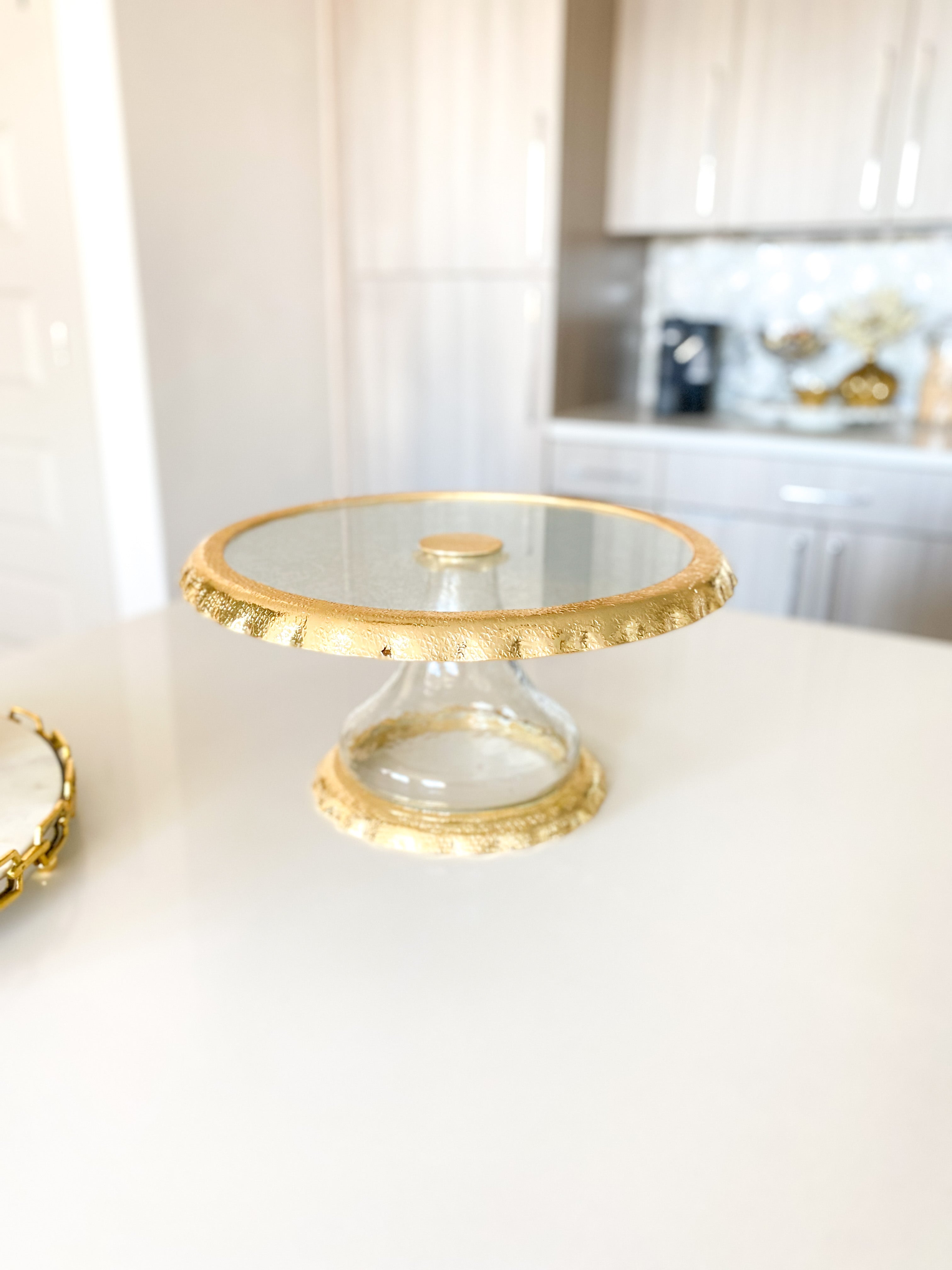 Glass Cake Stand with Gold Ruffled Details - HTS HOME DECOR