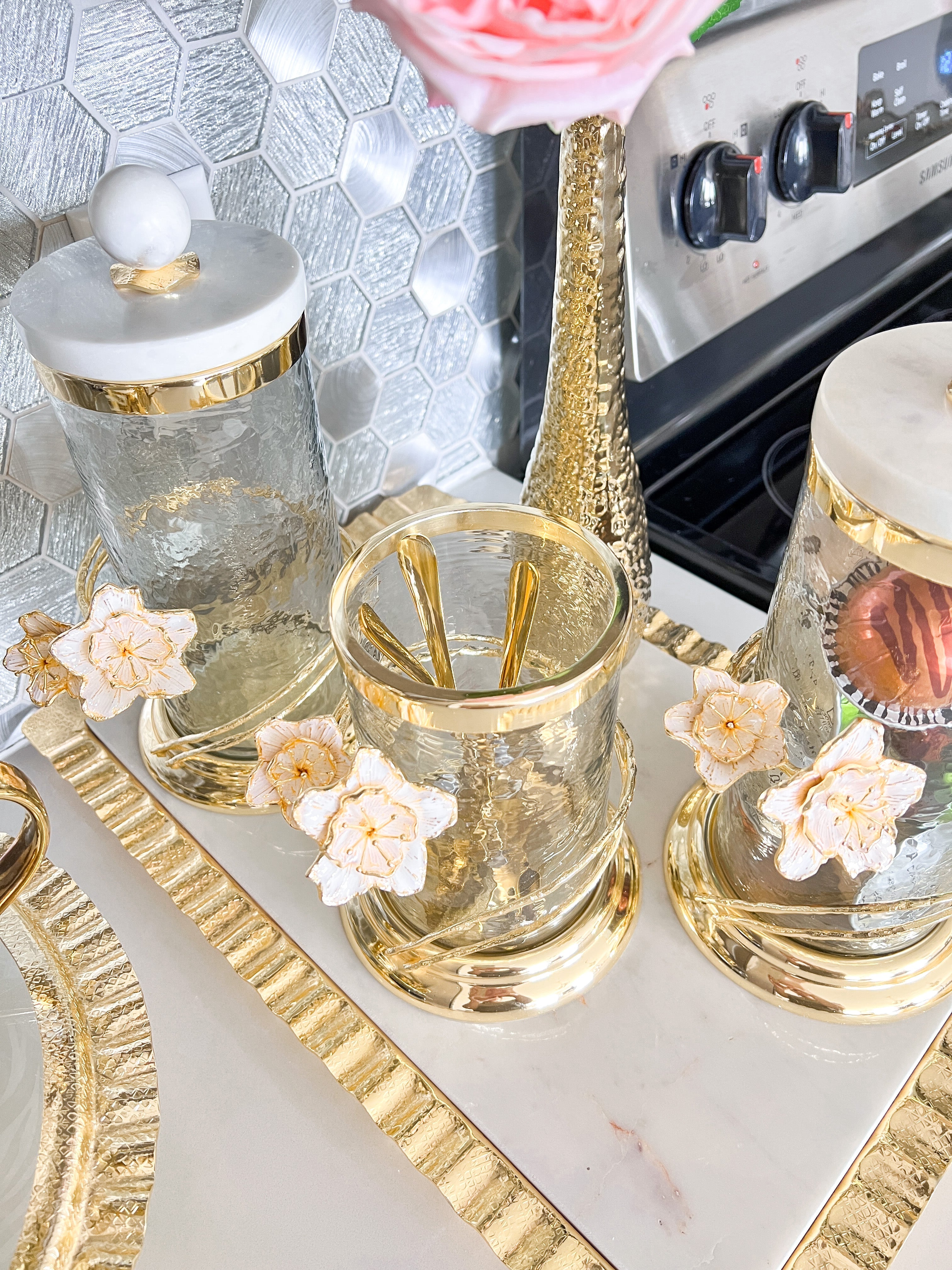 Gold canister with Flower Wrap Details (Set of 3) - HTS HOME DECOR