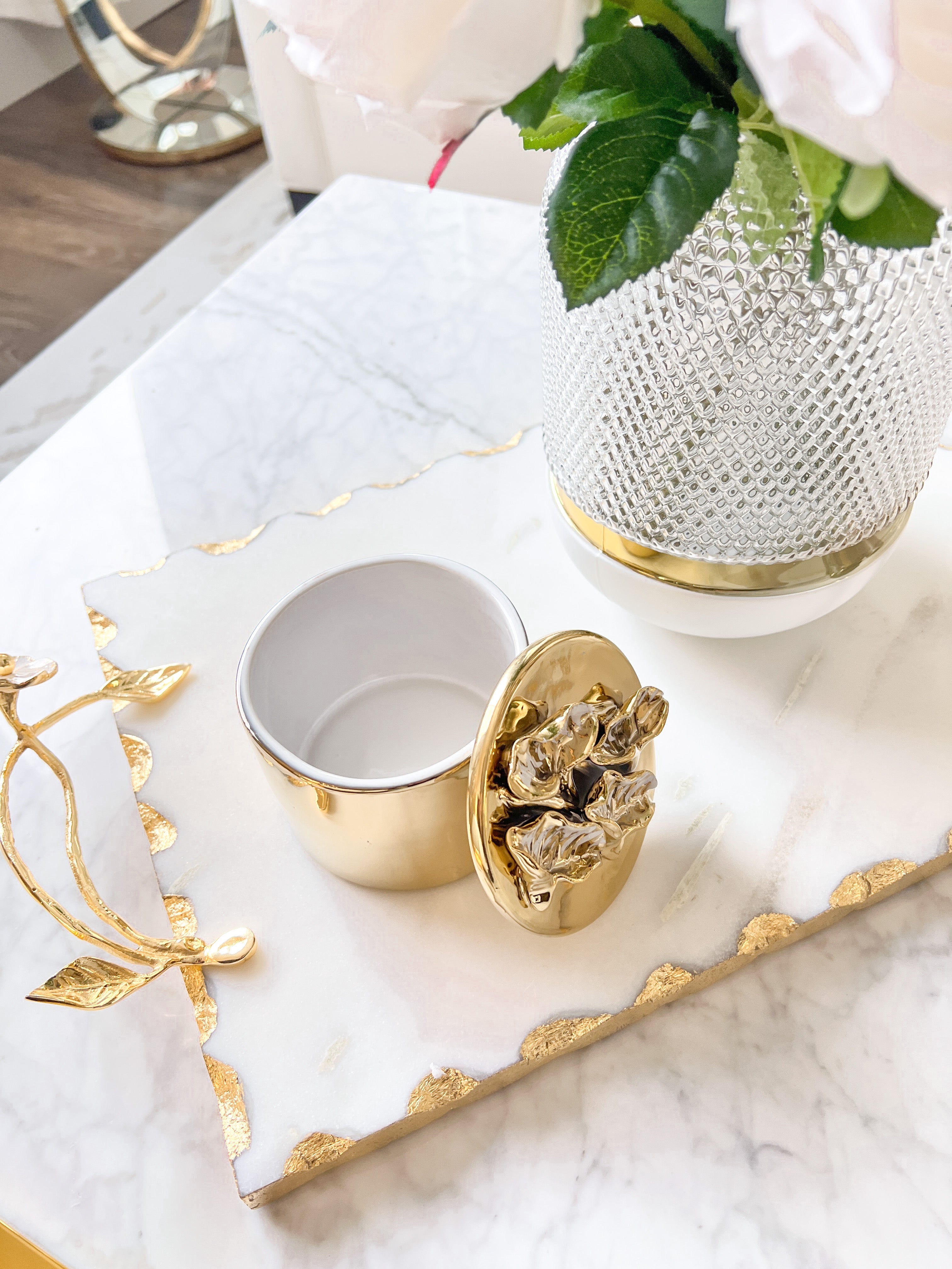 Gold Ceramic Jewelry Box with Floral Detail - HTS HOME DECOR