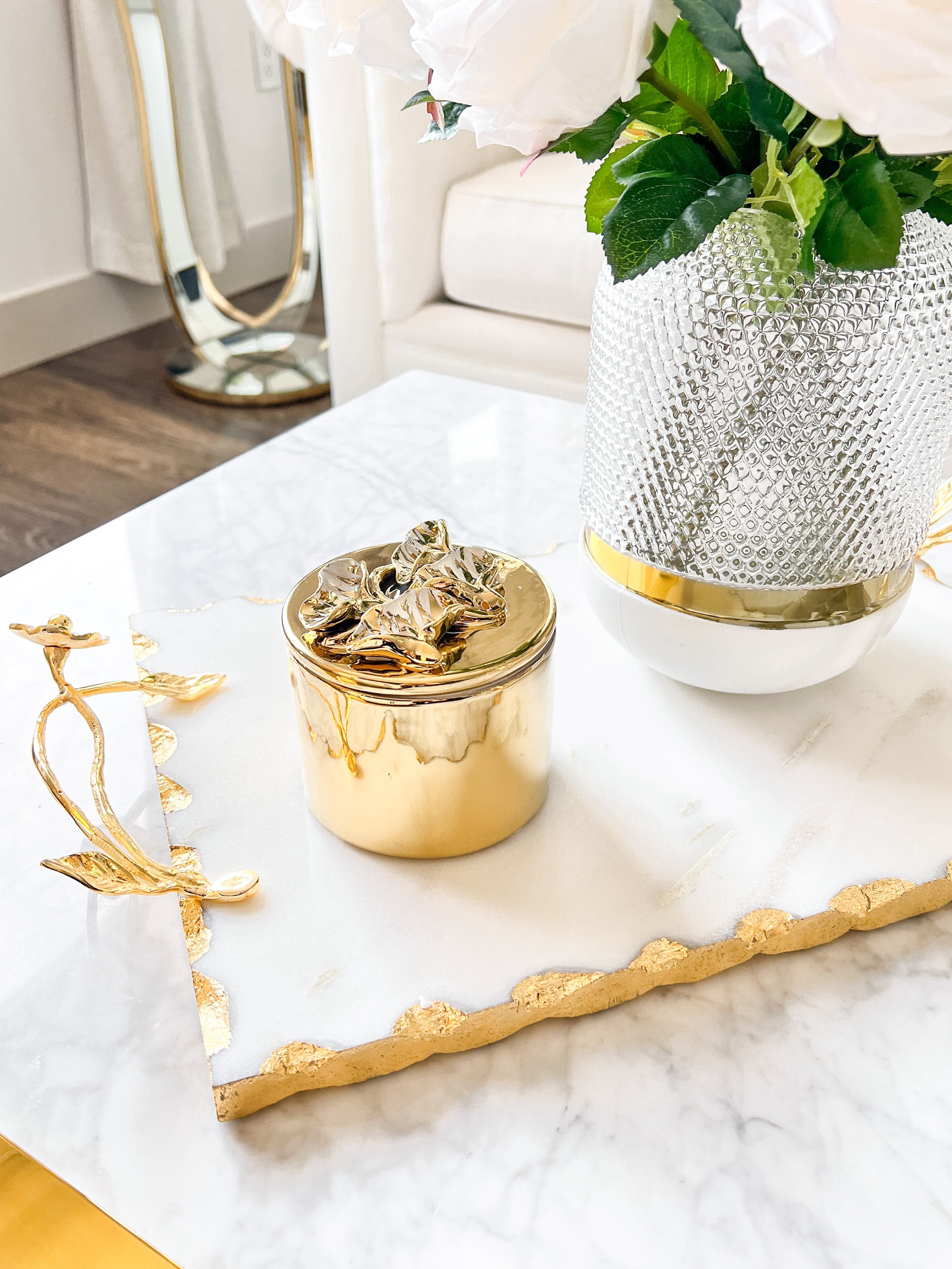 Gold Ceramic Jewelry Box with Floral Detail - HTS HOME DECOR