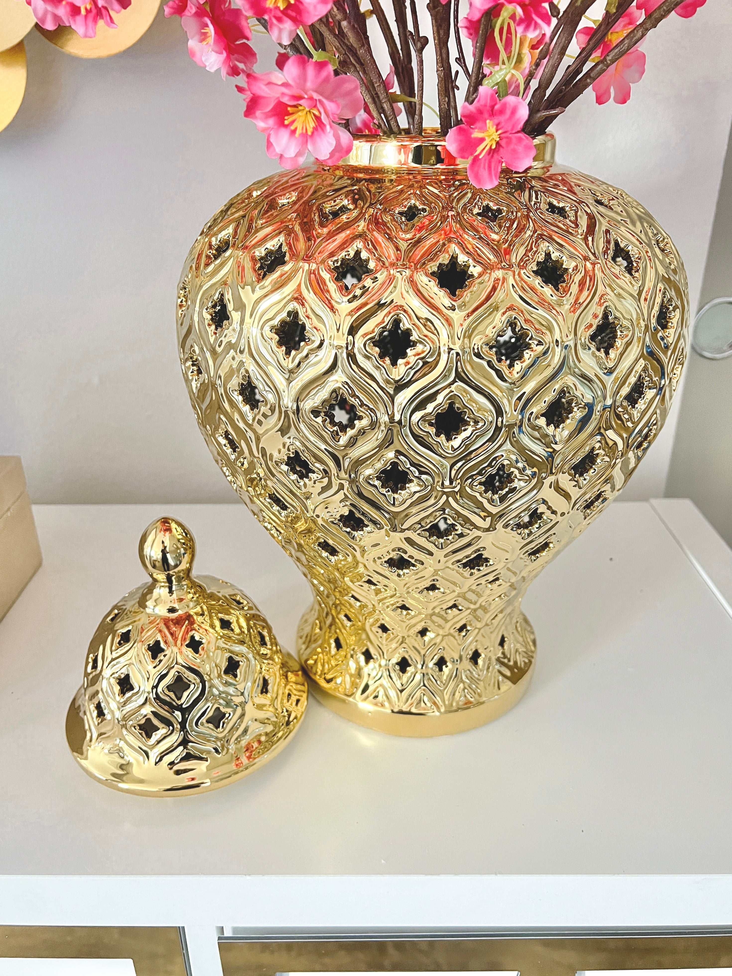 Gold Clover Pierced Ginger Jar - HTS HOME DECOR