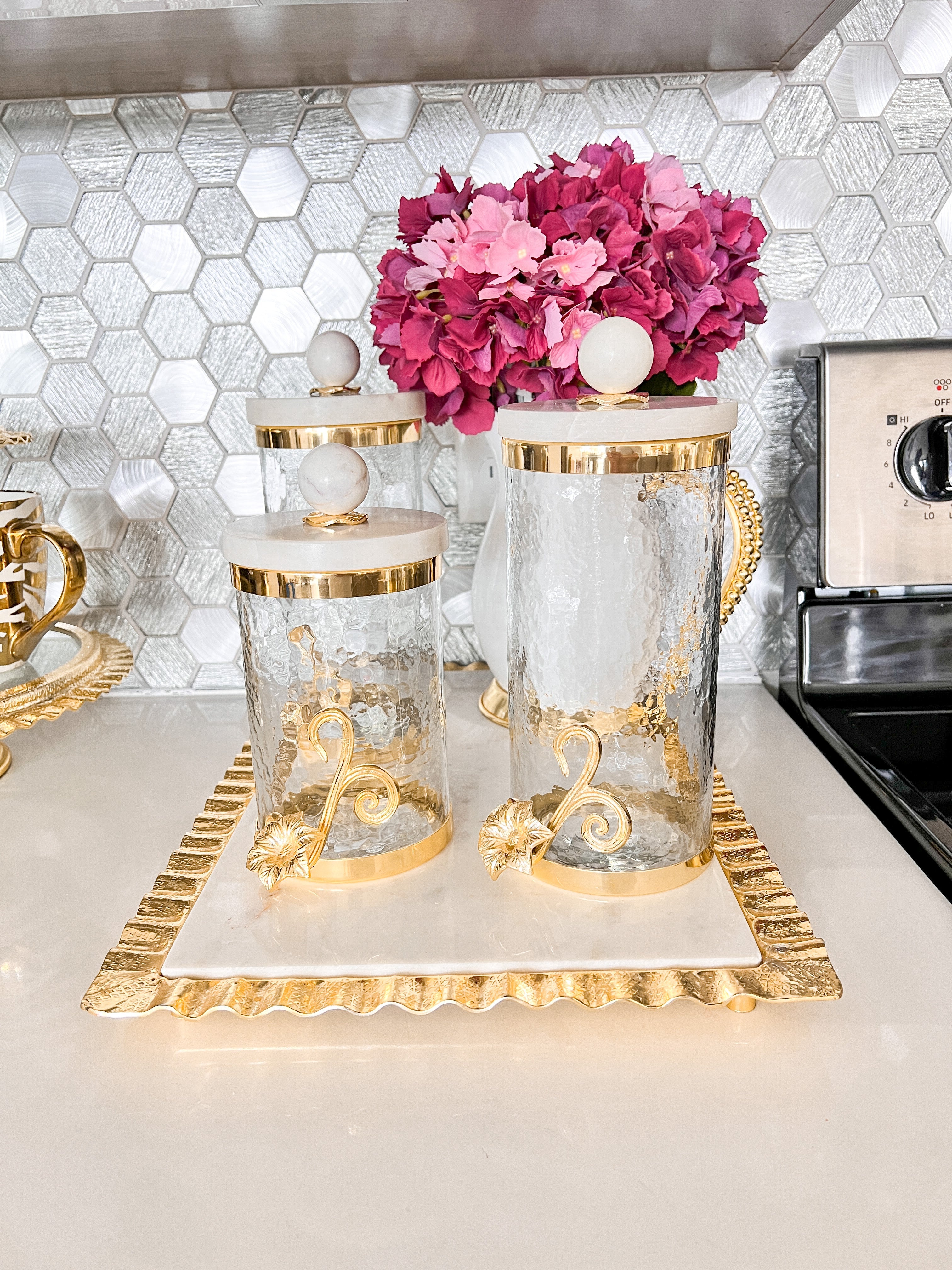 Gold Floral Canister with Marble Lid (Set of 3) - HTS HOME DECOR