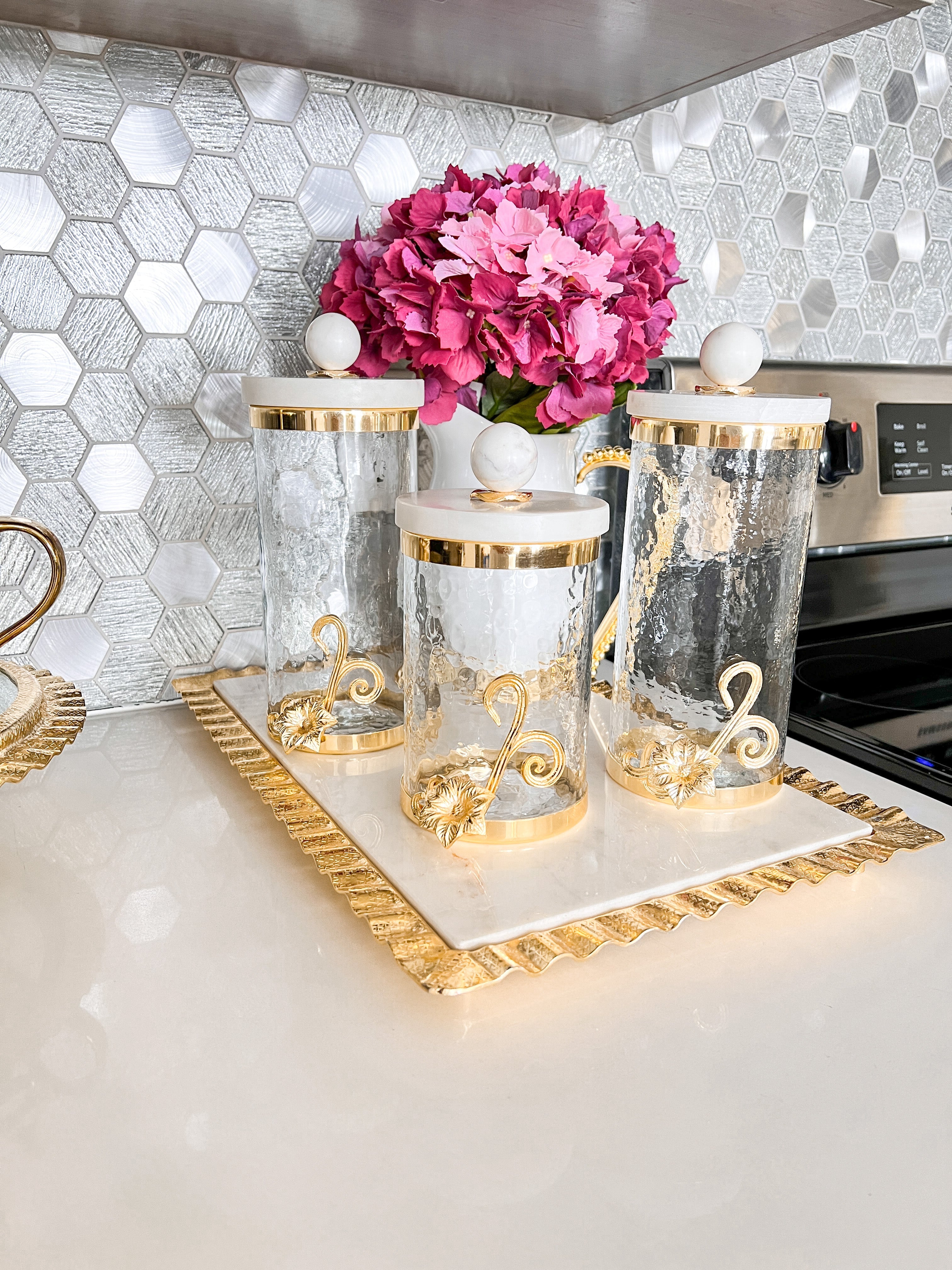 Gold Floral Canister with Marble Lid (Set of 3) - HTS HOME DECOR