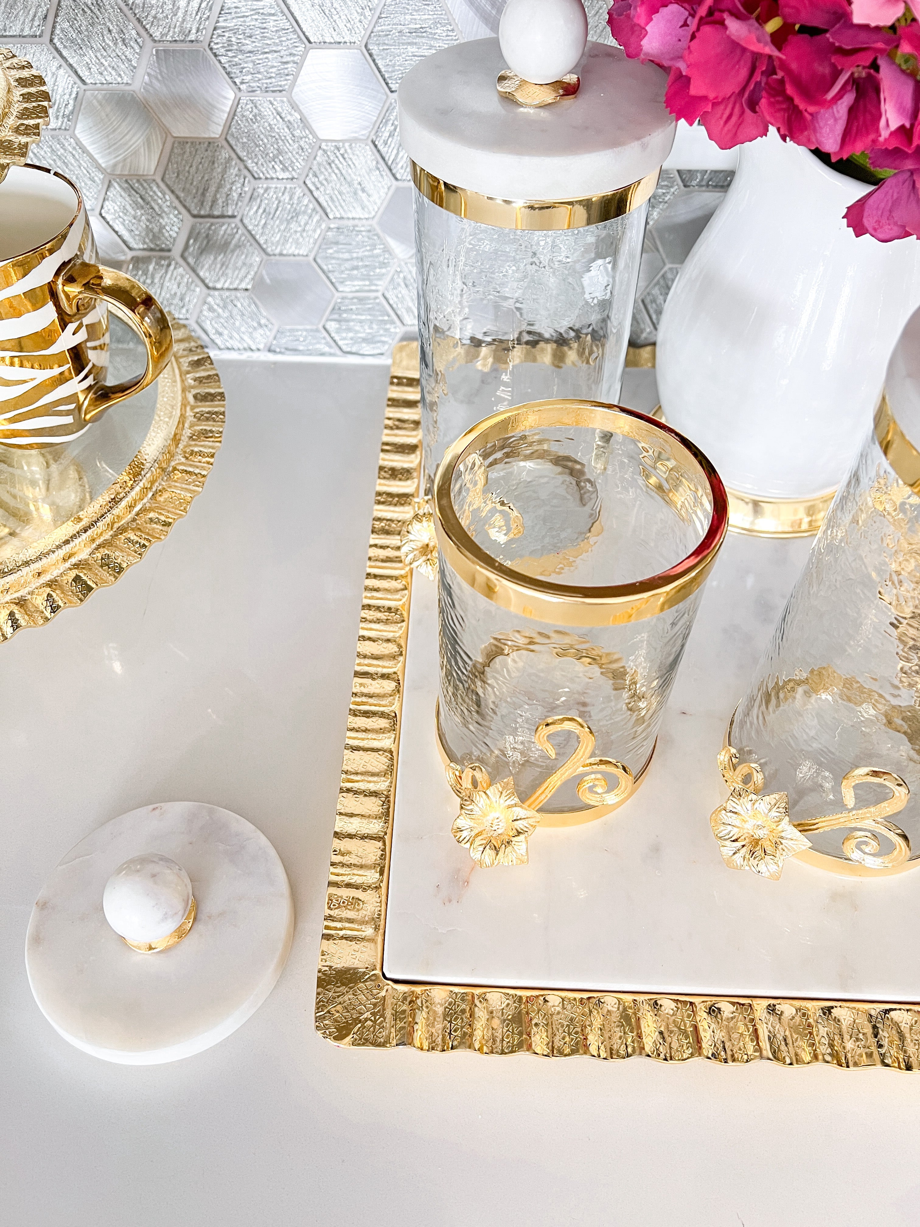 Gold Floral Canister with Marble Lid (Set of 3) - HTS HOME DECOR