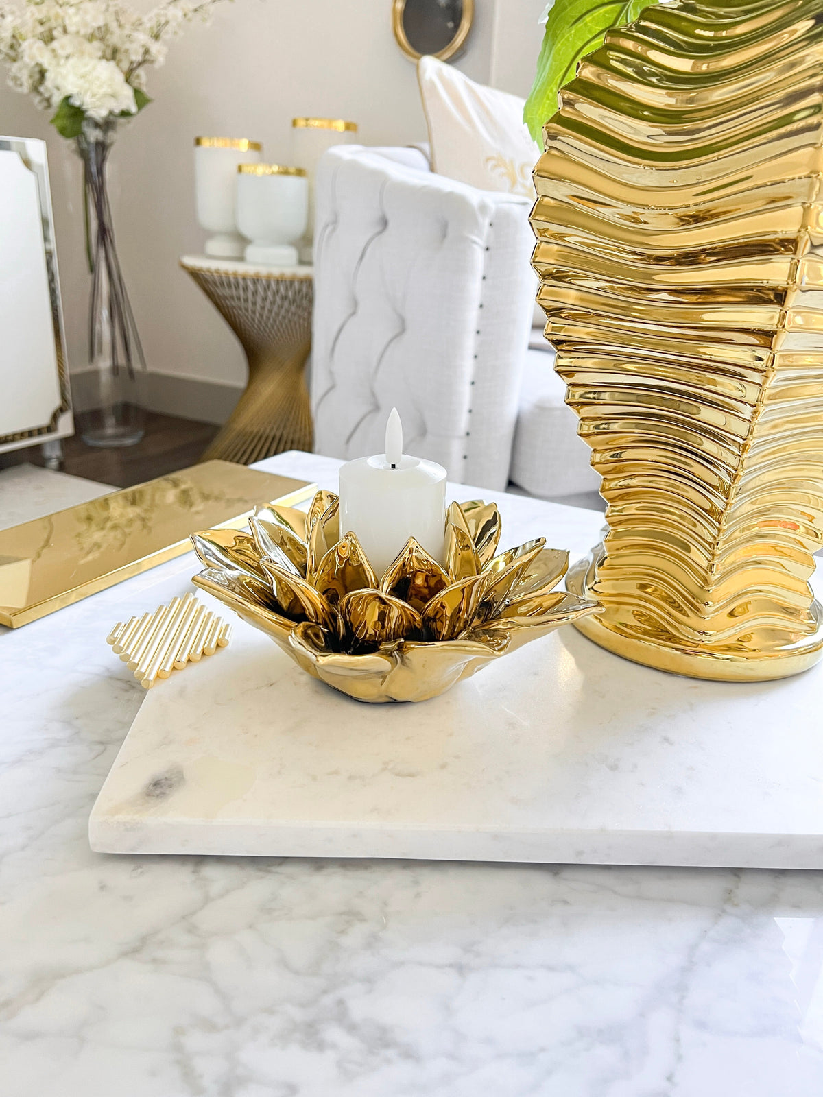 Gold Flower Shape Tea light Candle Holder HTS HOME DECOR