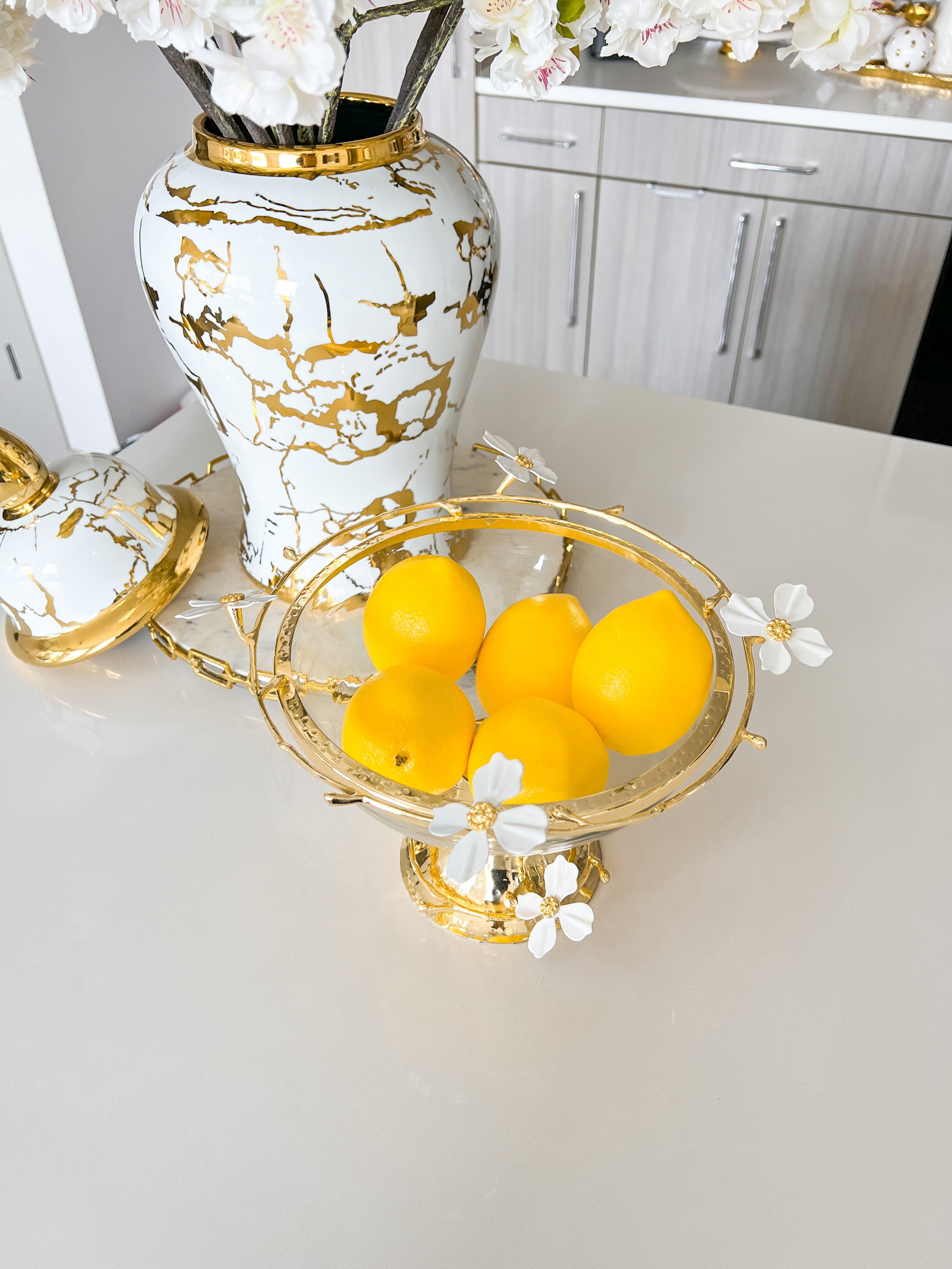 Gold Glass Bowl with Jasmine Floral - HTS HOME DECOR