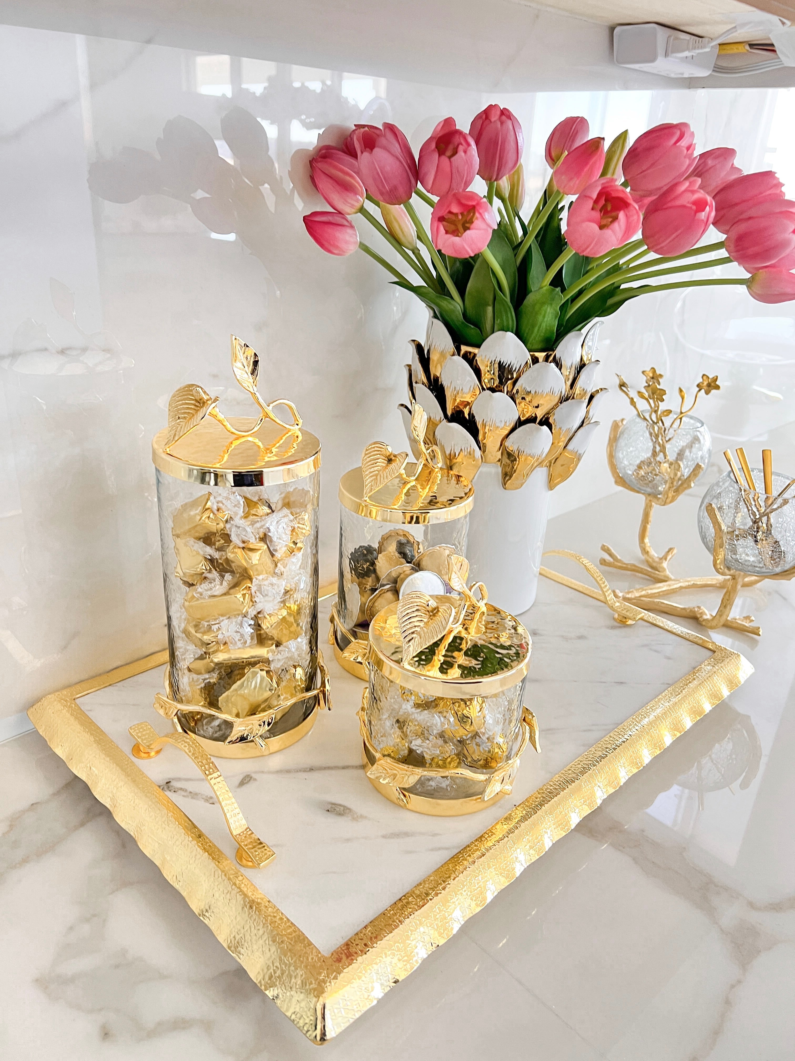 Gold Hammered Leaf Canister (3 Sizes) - HTS HOME DECOR