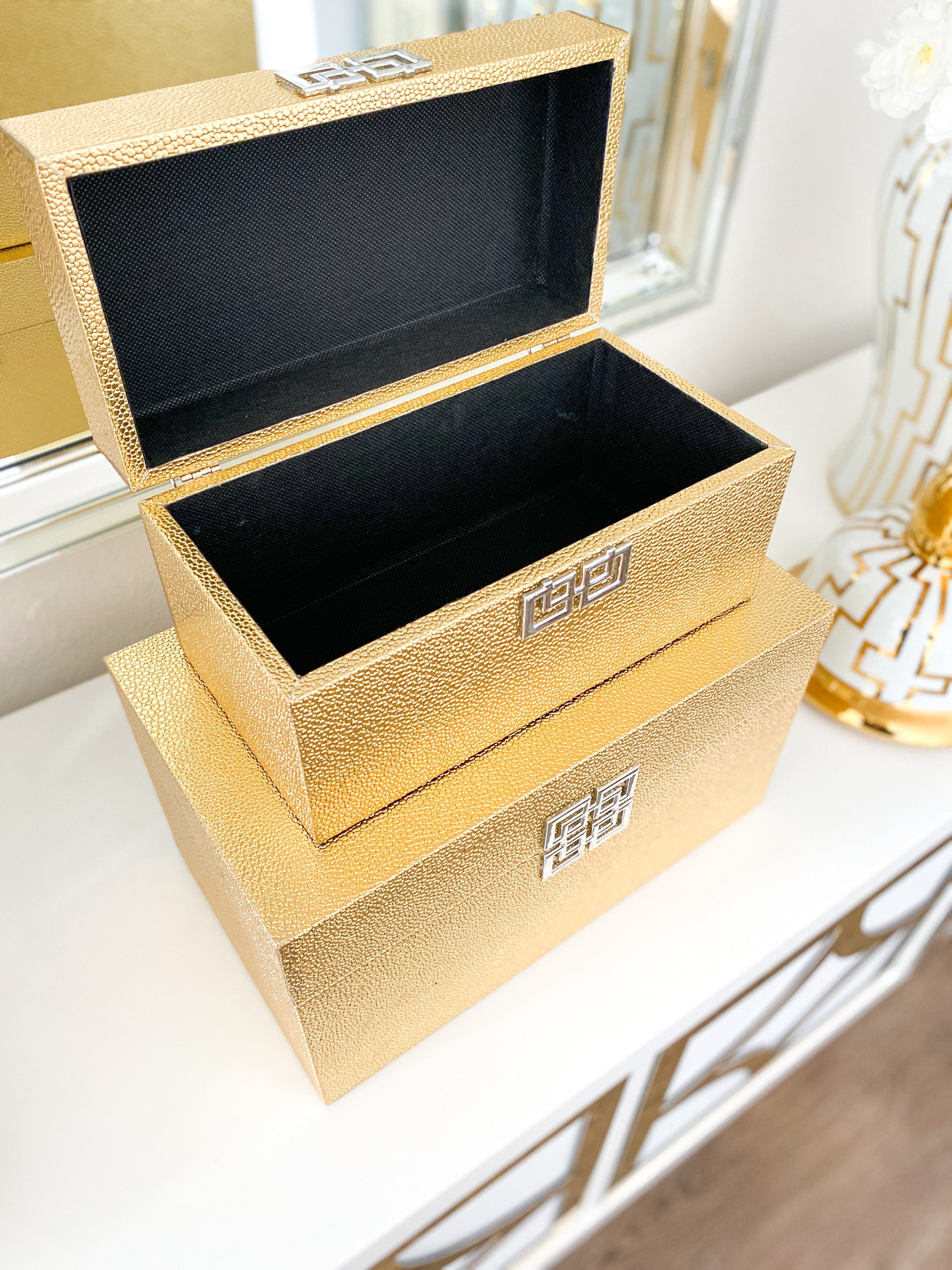 Gold Leather Decorative Boxes ( Set of 2) - HTS HOME DECOR
