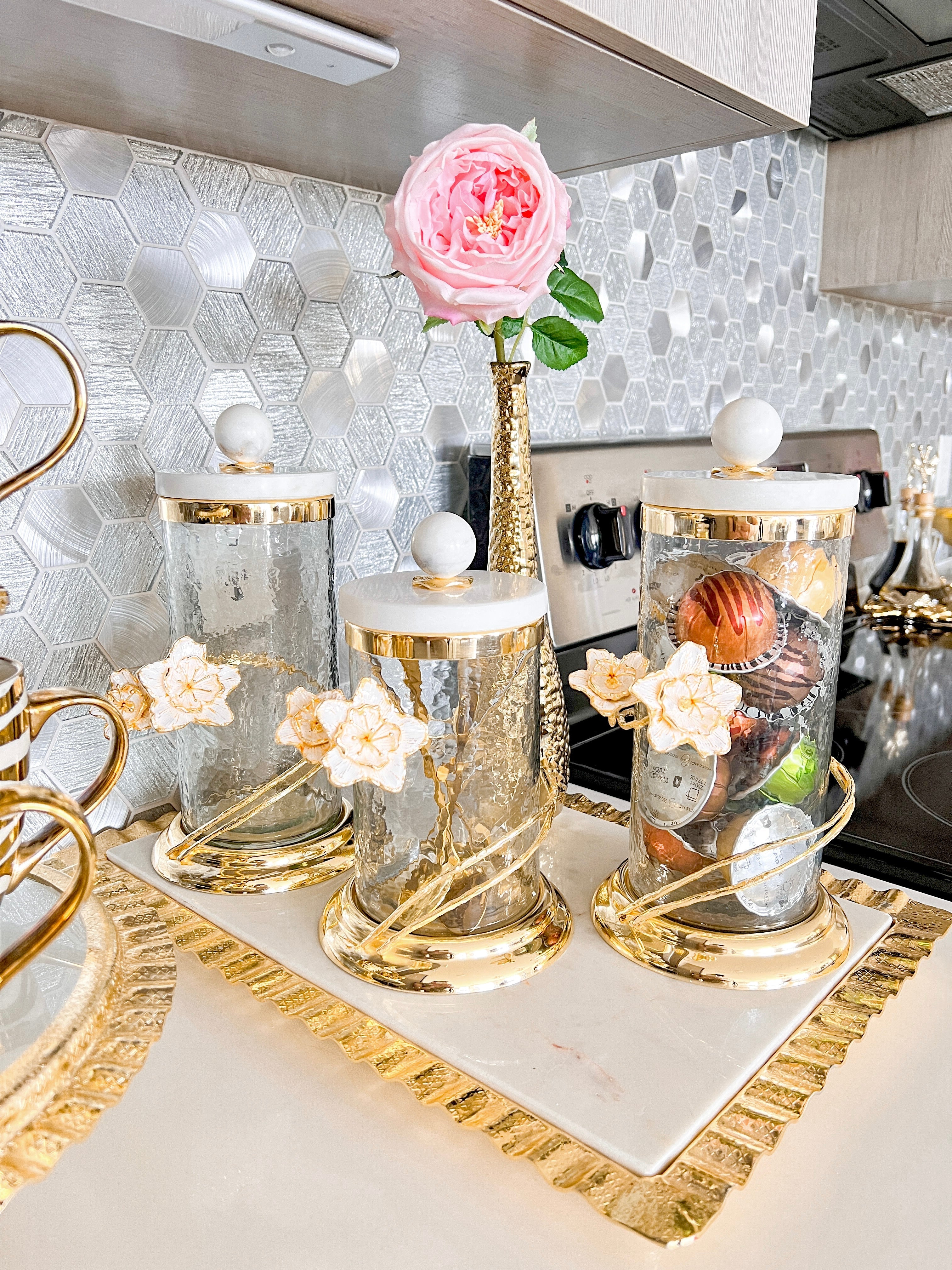 Gold Marble Canister with Wrapped Flower Detail - HTS HOME DECOR