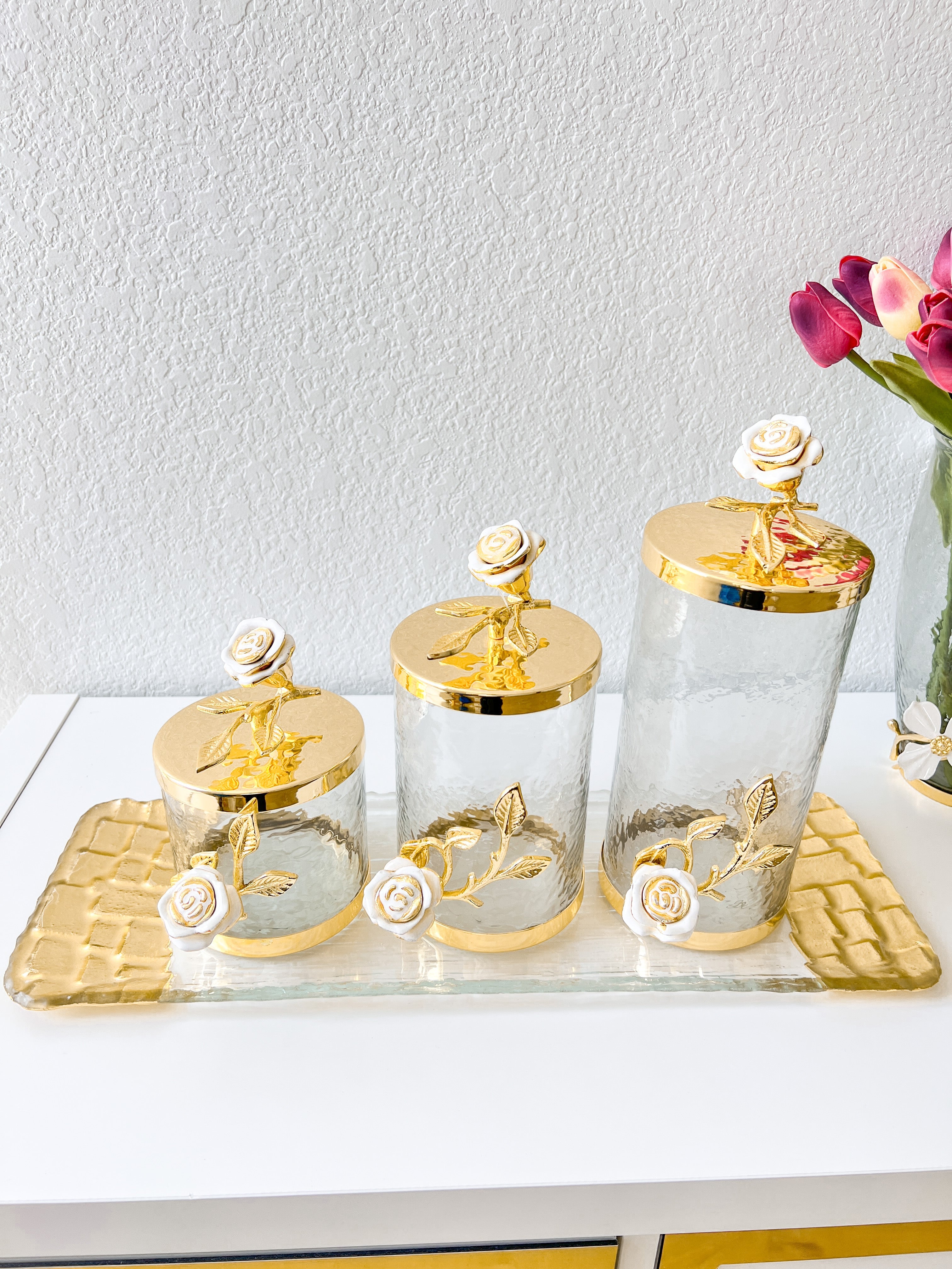Gold Rose Flower Canisters (Set of 3) - HTS HOME DECOR