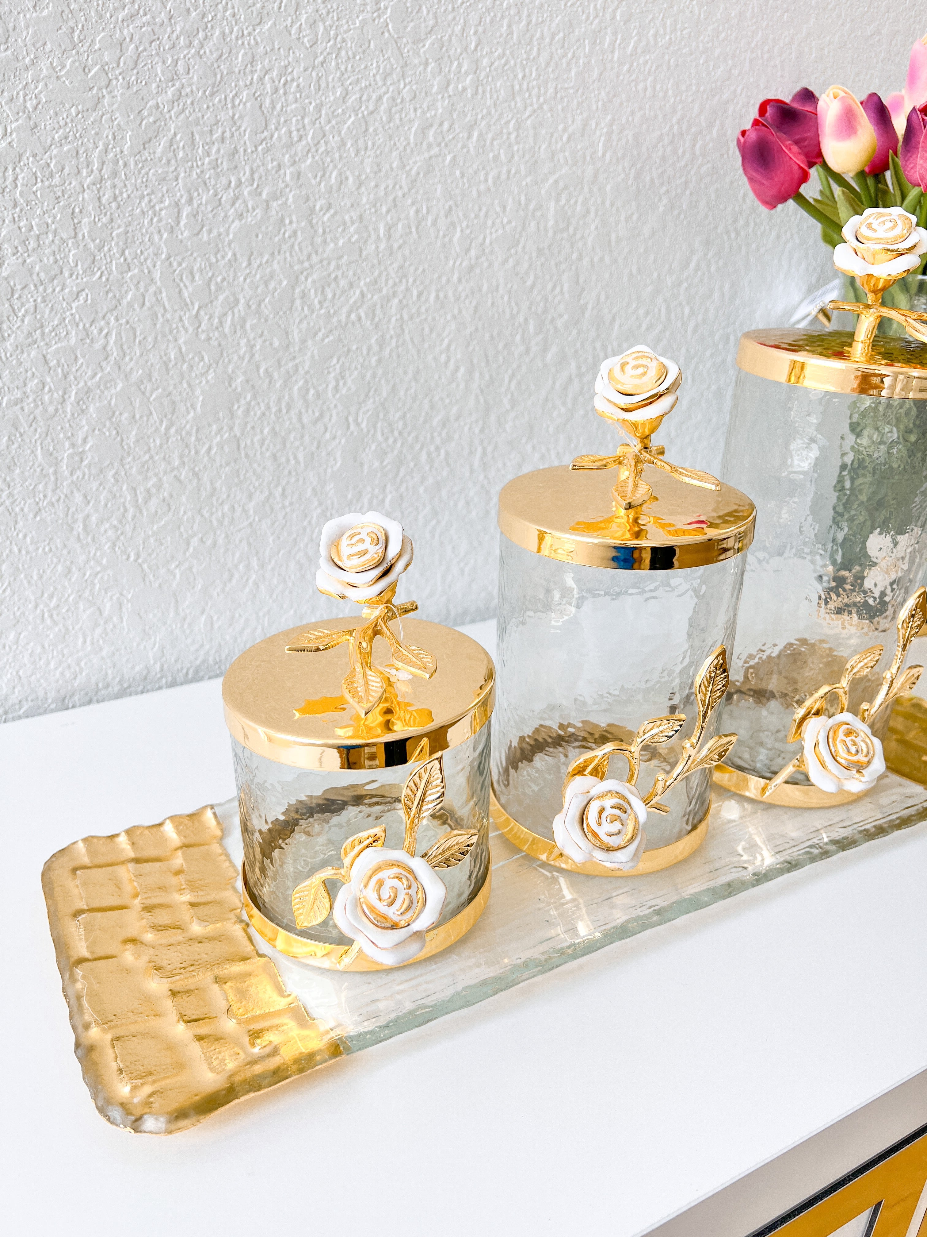 Gold Rose Flower Canisters (Set of 3) - HTS HOME DECOR
