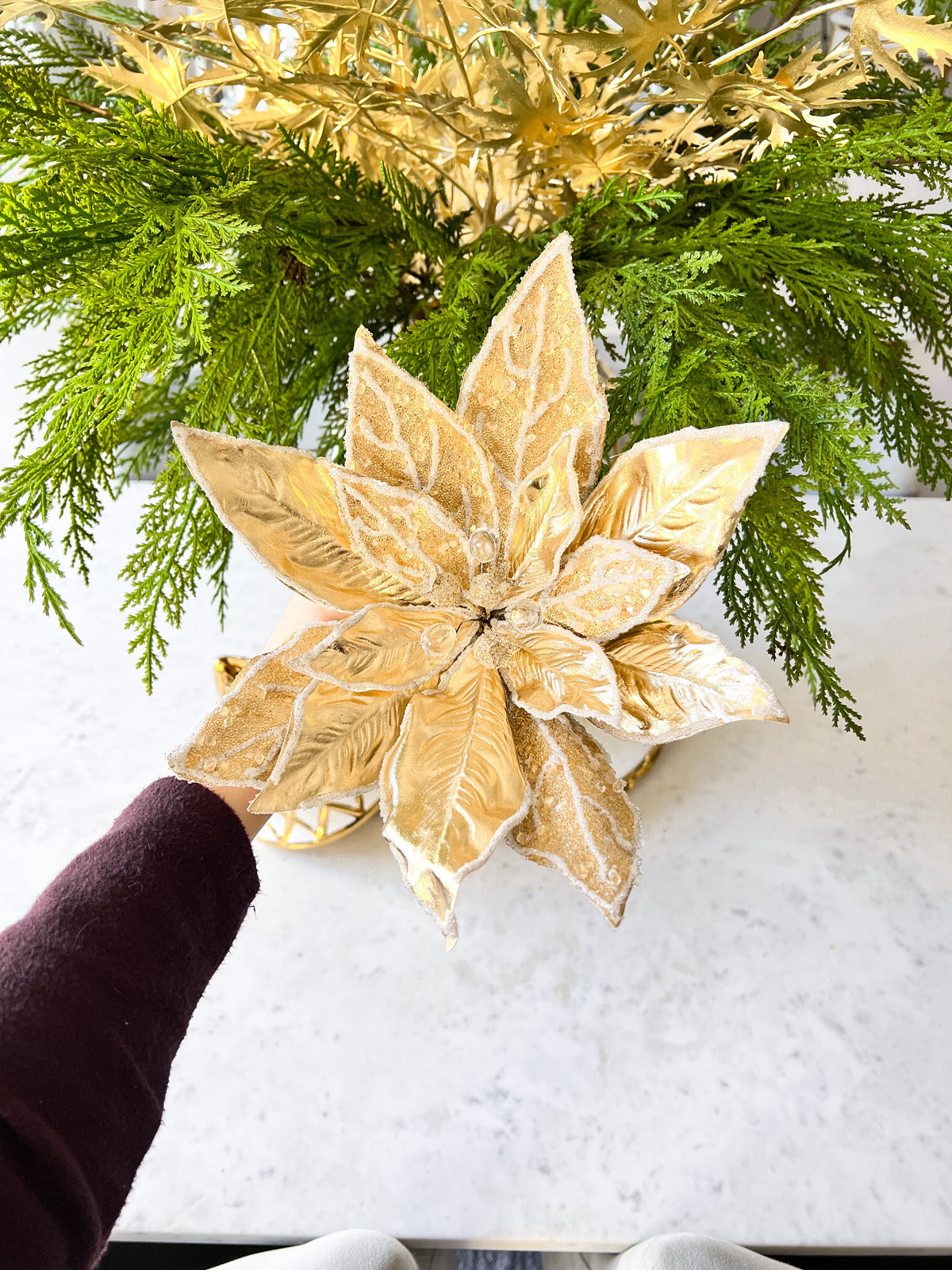 Large Gold Jeweled Poinsettia Stem