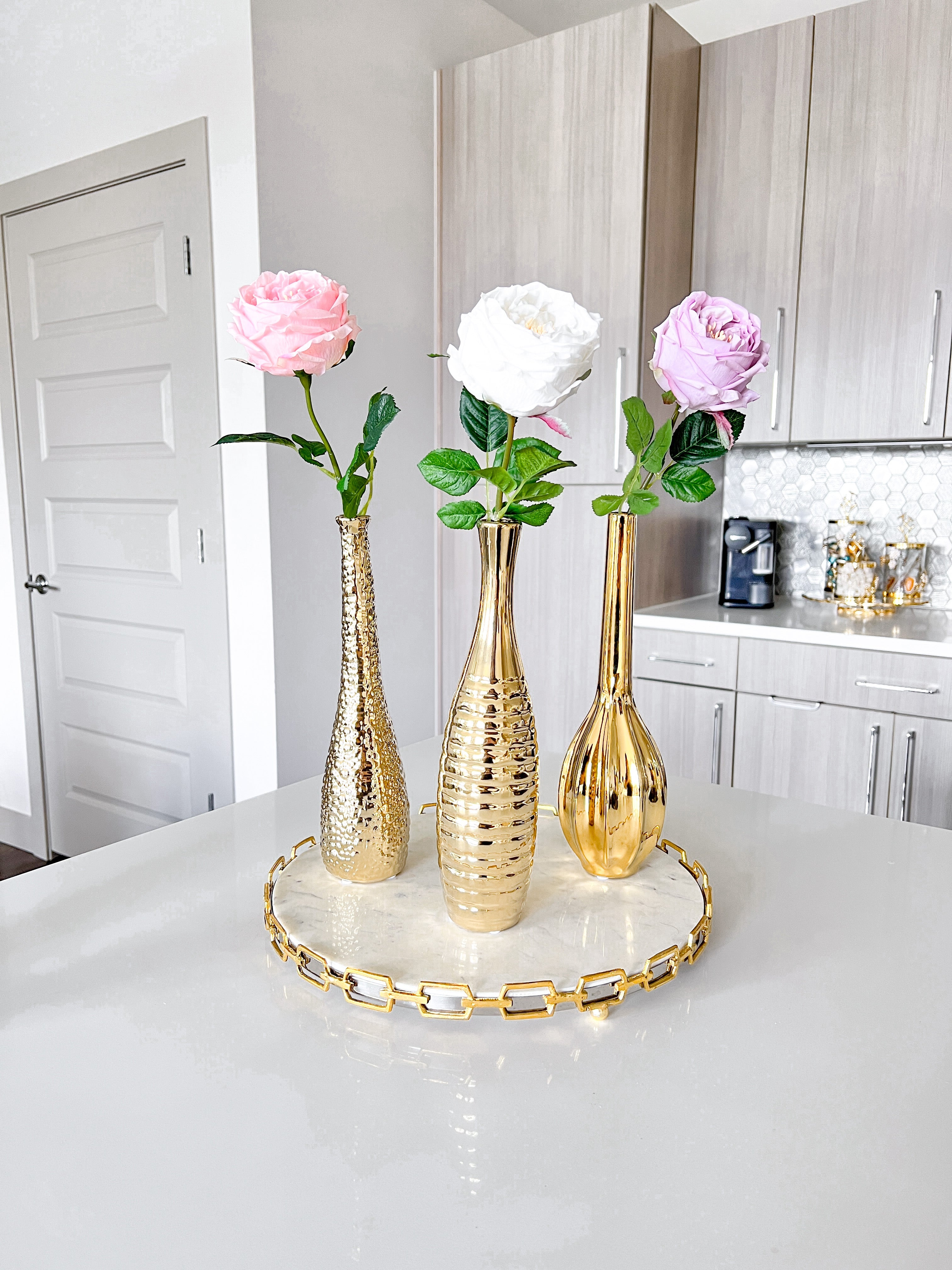 Long Gold Tulip Vases ( Set of 3) - HTS HOME DECOR
