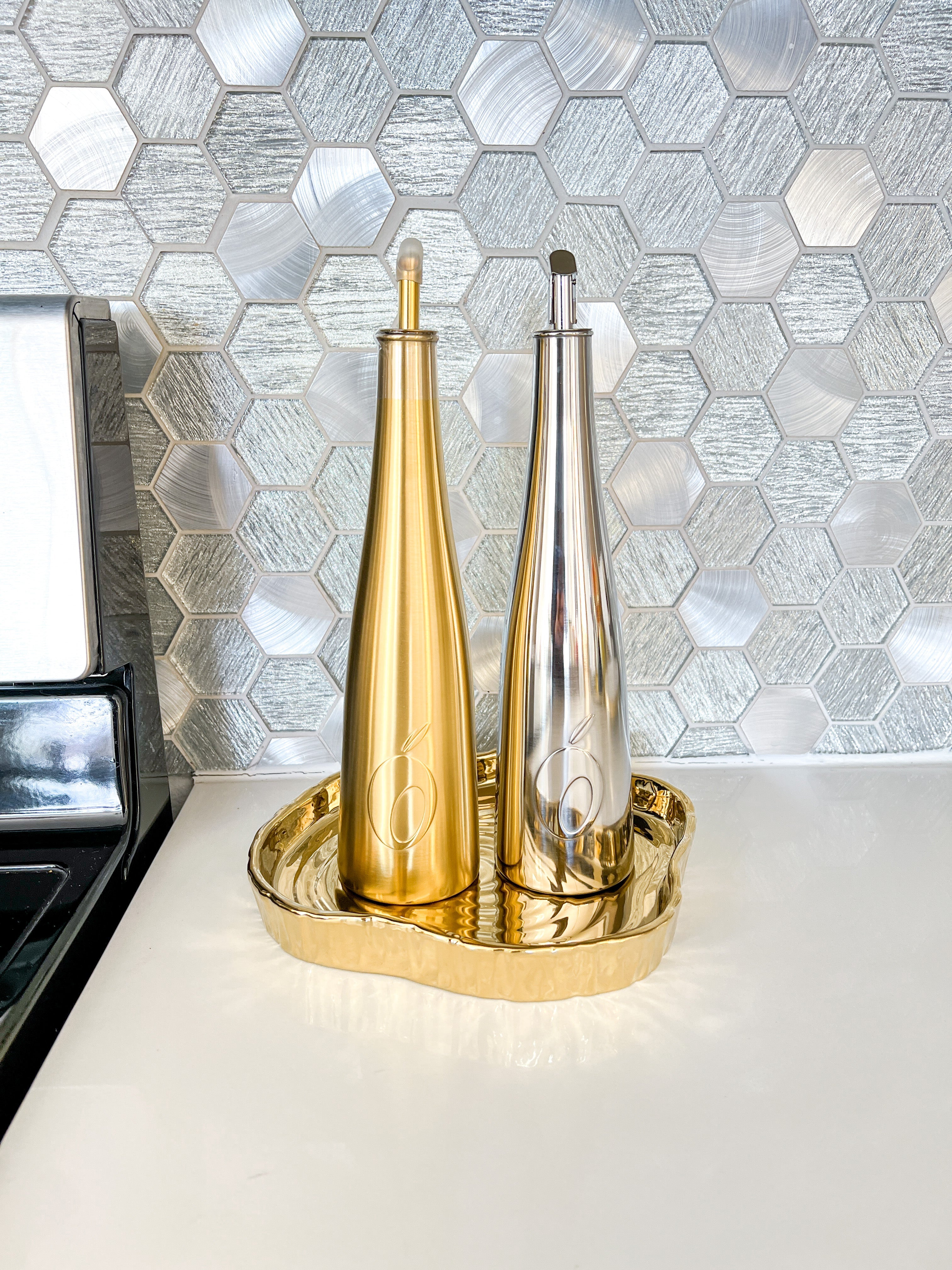 Silver and Gold Olive Oil Bottles Set - HTS HOME DECOR