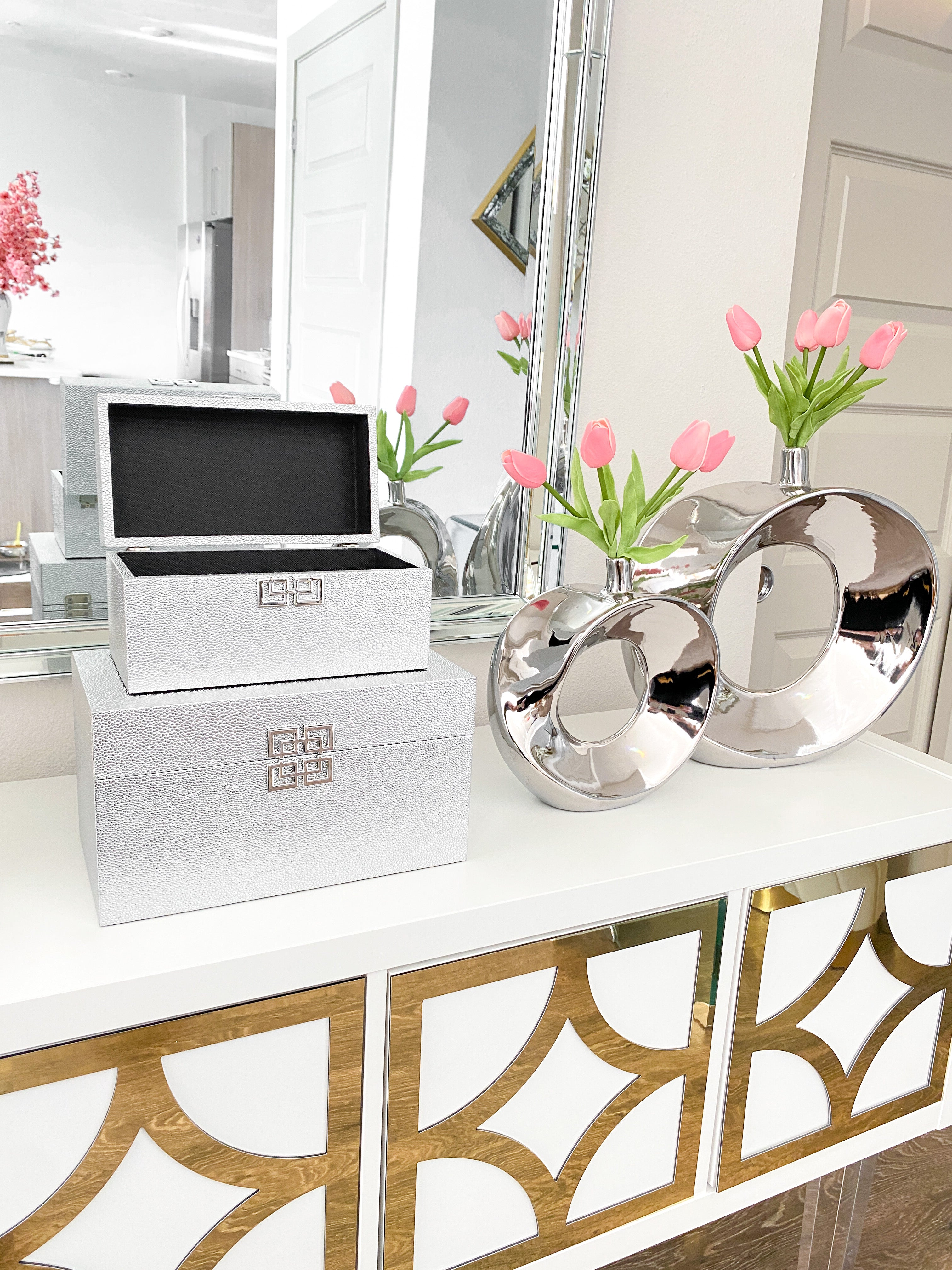 Silver Leather Decorative Boxes (Set of 2) - HTS HOME DECOR