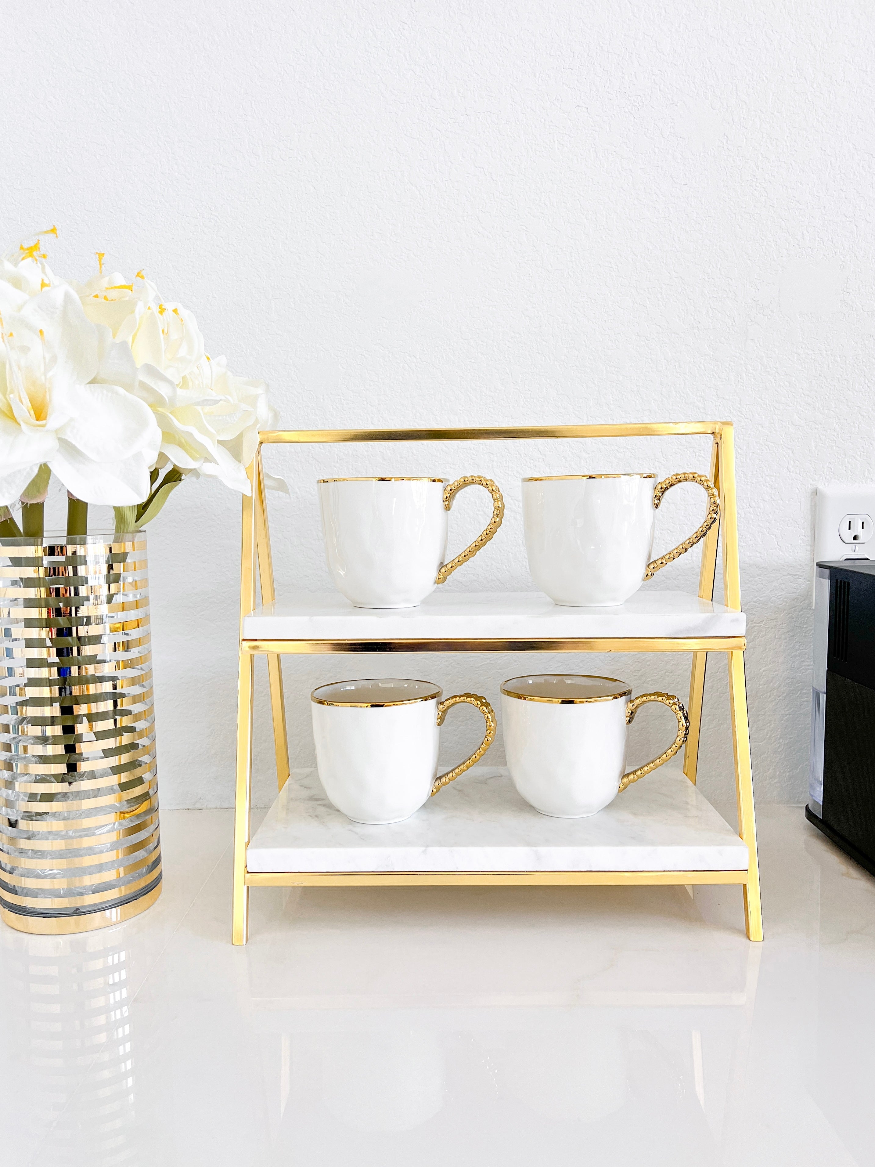 White and Gold Beaded Mug - HTS HOME DECOR