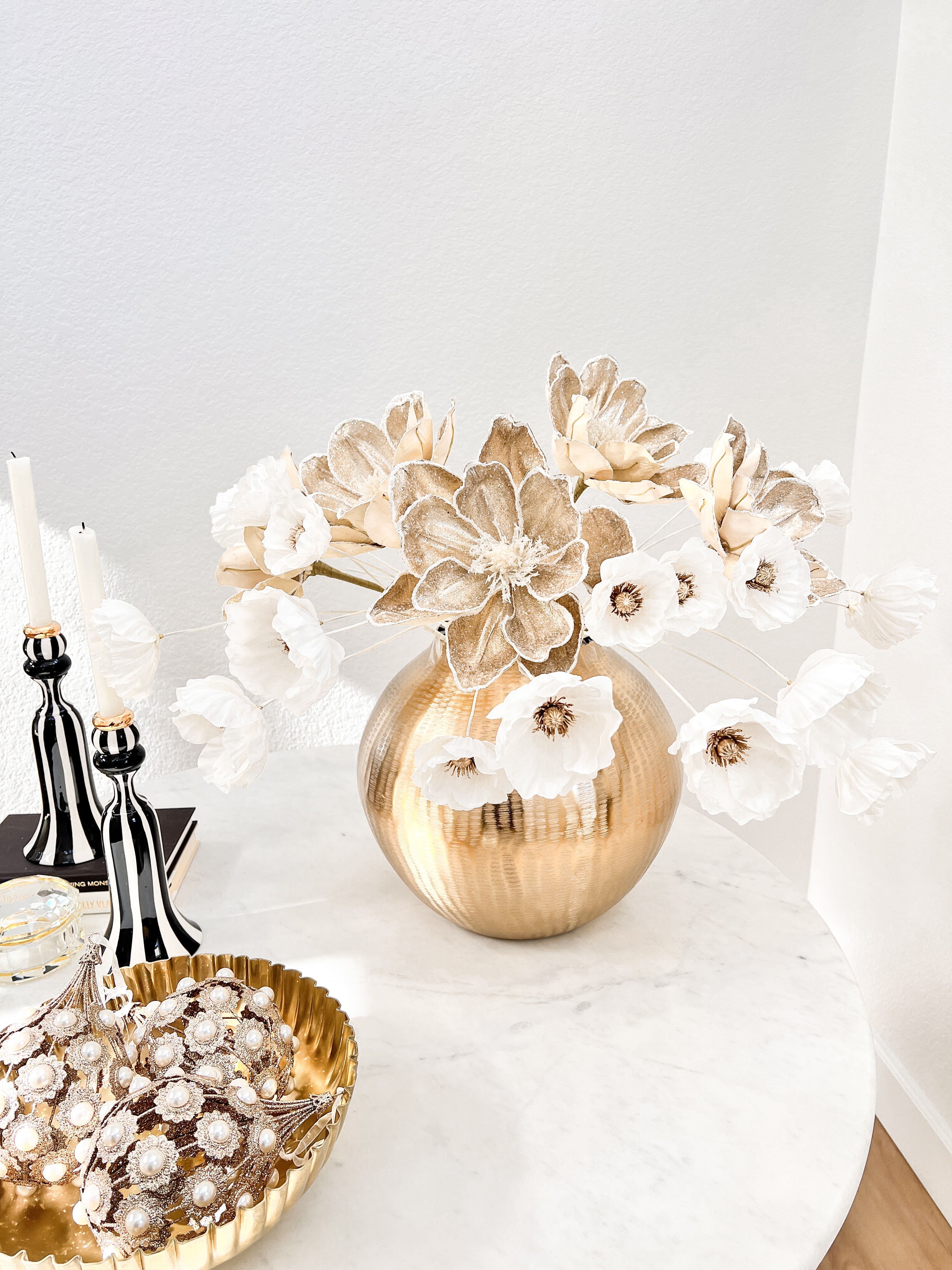 White And Gold Poppy Stems (Pack of 3 Stems) - HTS HOME DECOR