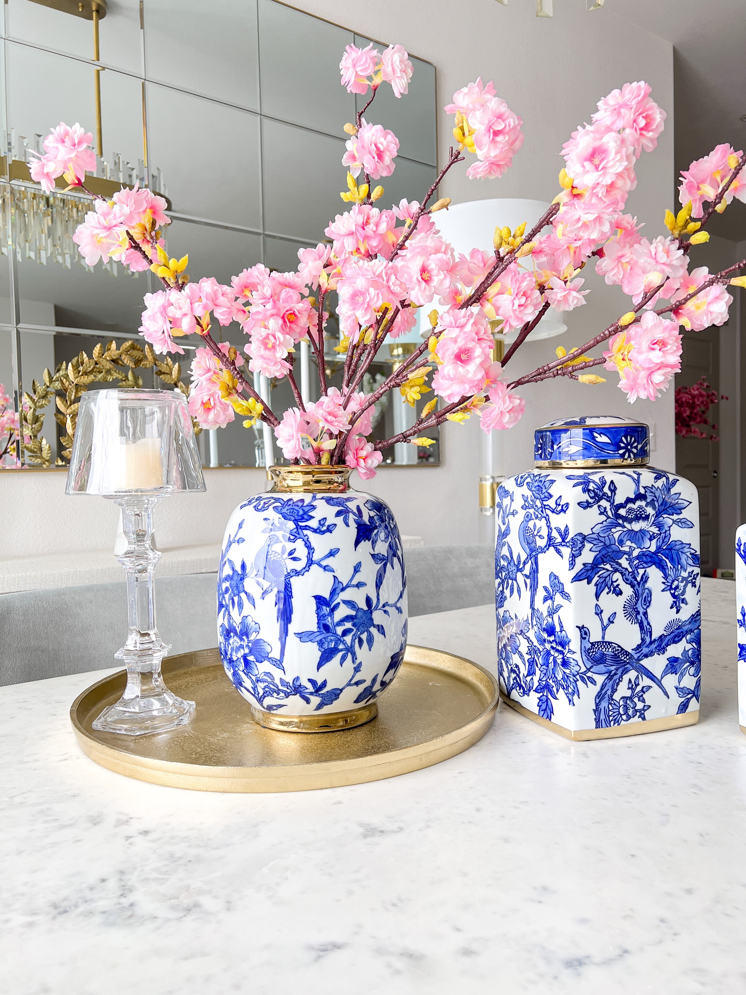 White & Blue Ceramic Jars with Gold Trim - HTS HOME DECOR