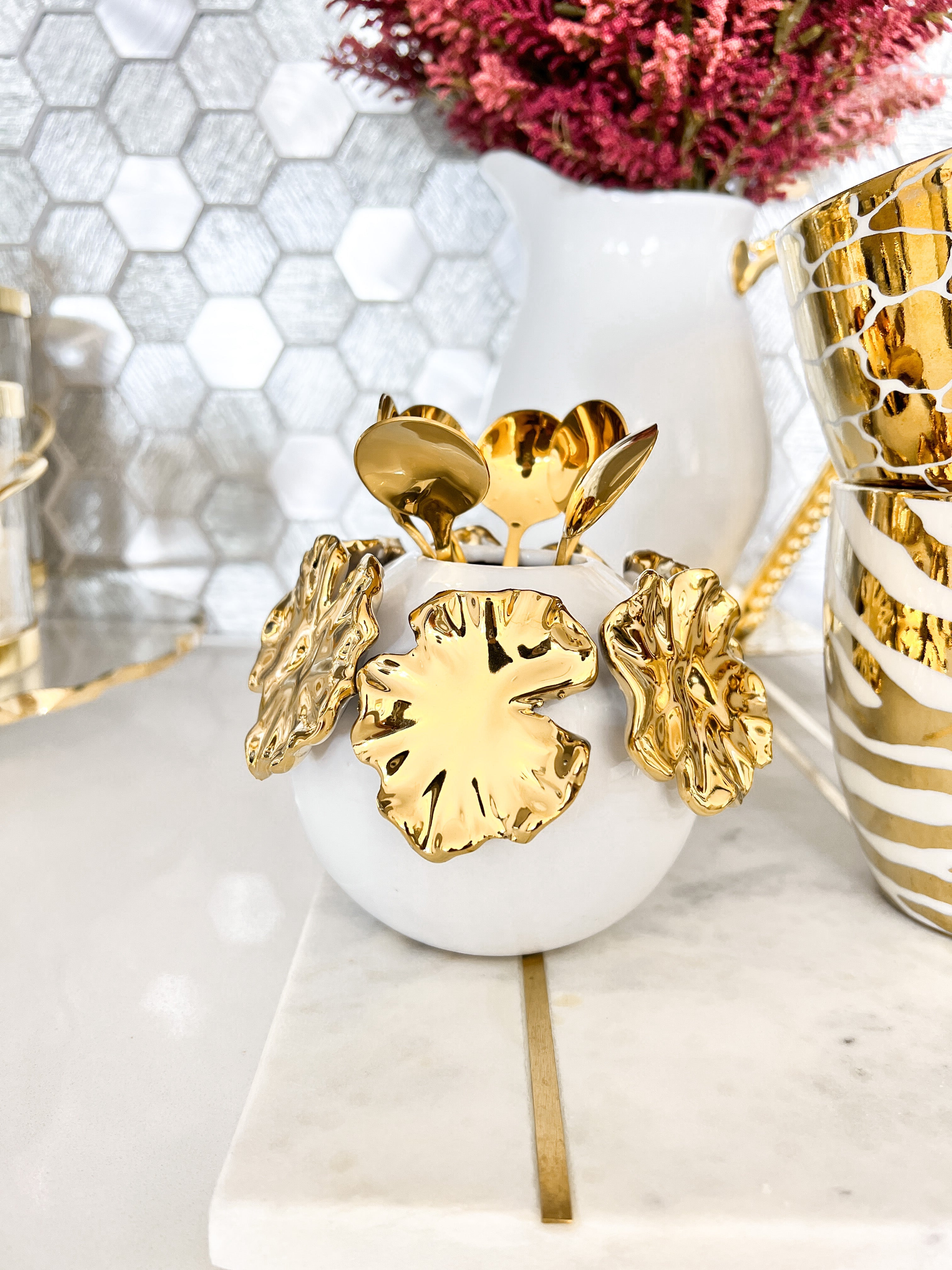 White Bud Vase with Gold Flowers / Spoon Holder - HTS HOME DECOR
