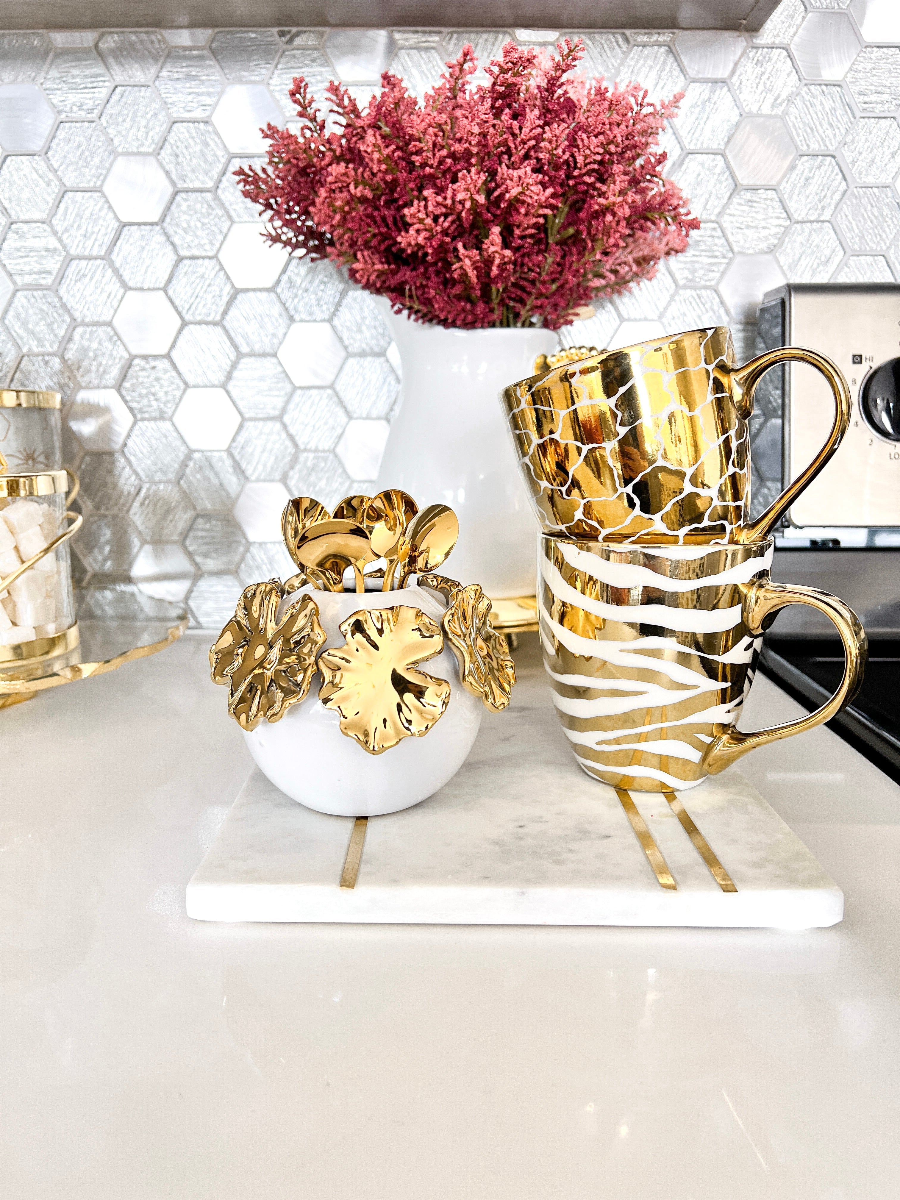 White Bud Vase with Gold Flowers / Spoon Holder - HTS HOME DECOR