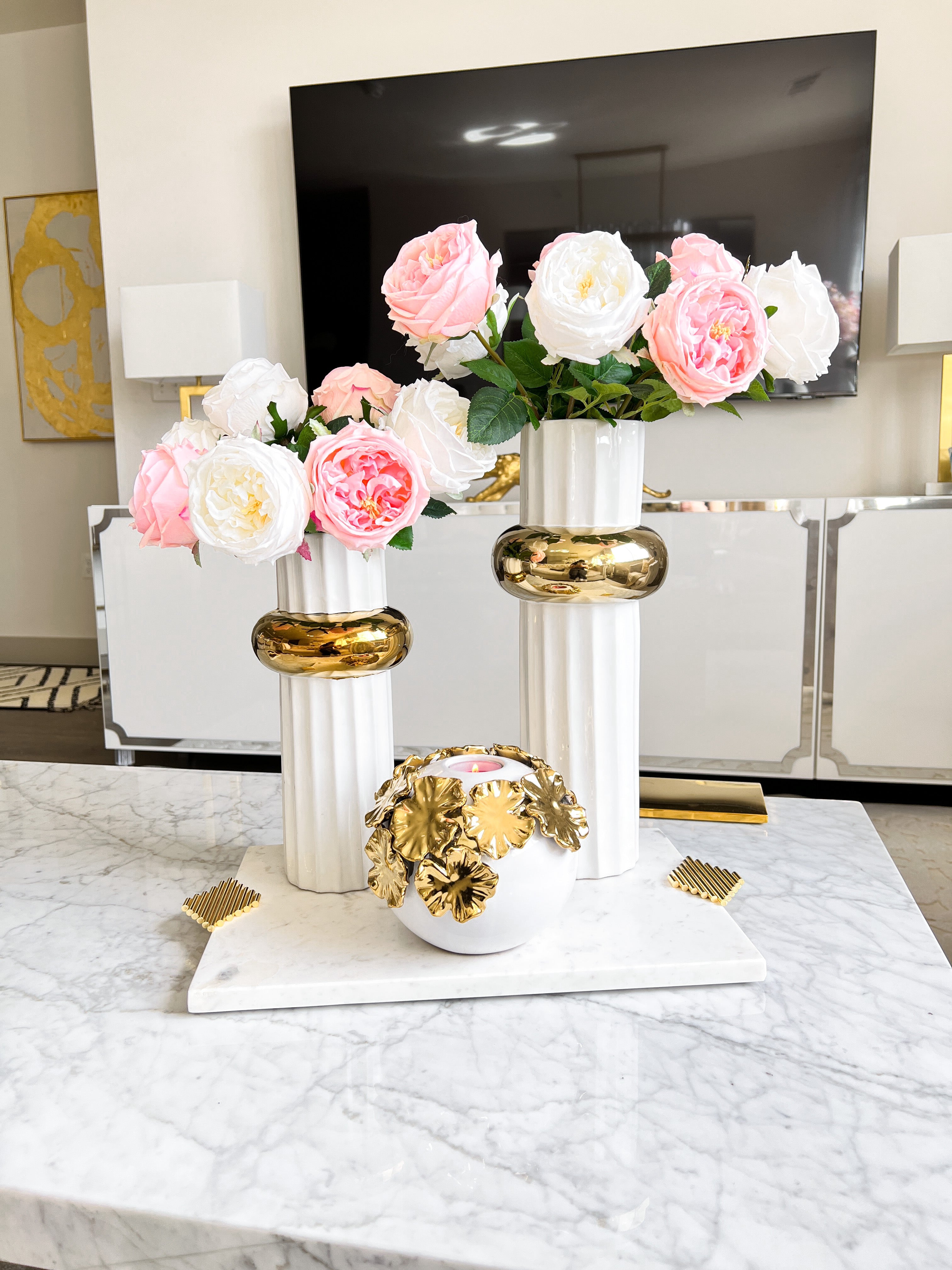 White Ceramic Vase with Gold Ring - HTS HOME DECOR