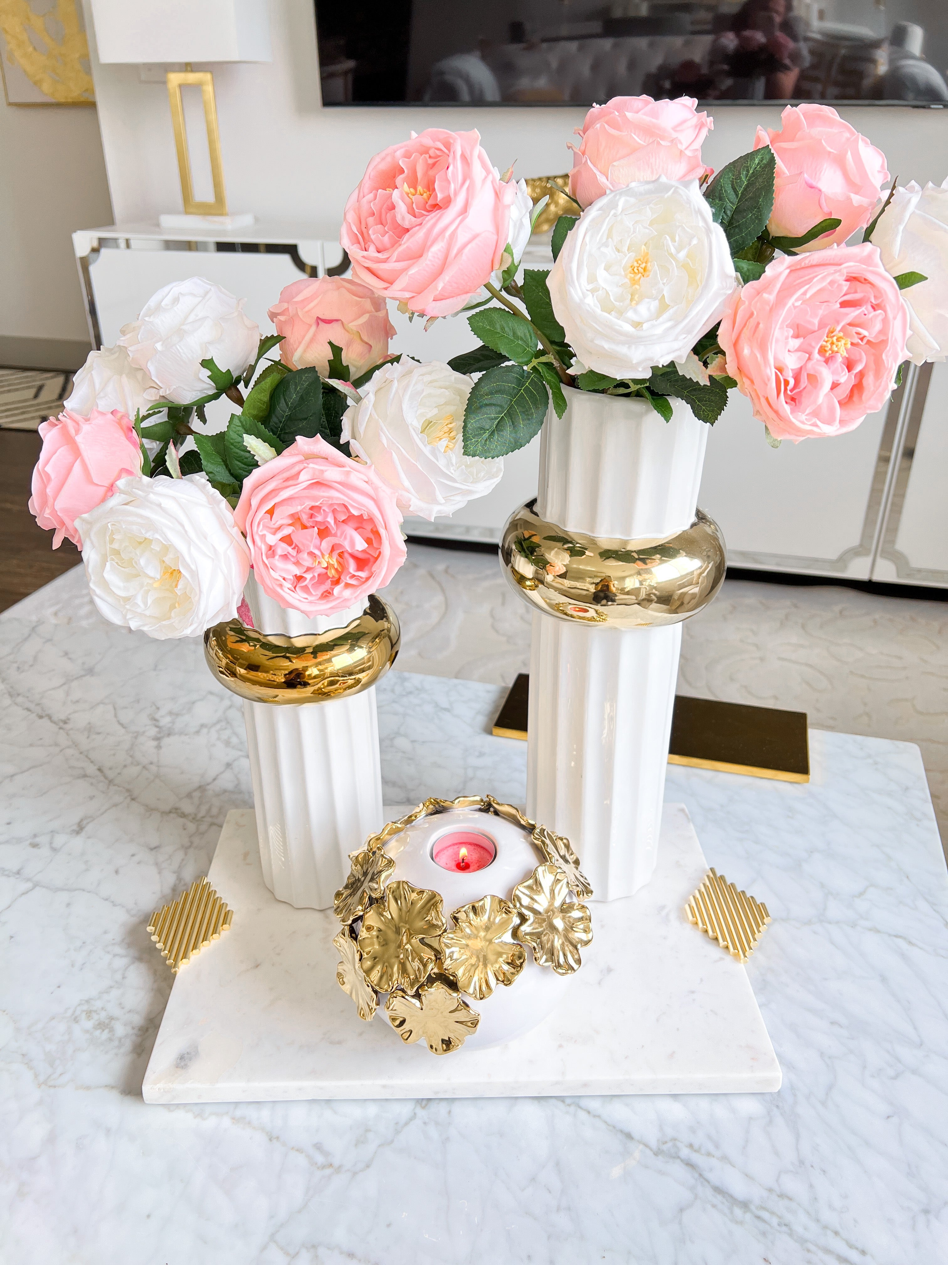 White Ceramic Vase with Gold Ring - HTS HOME DECOR