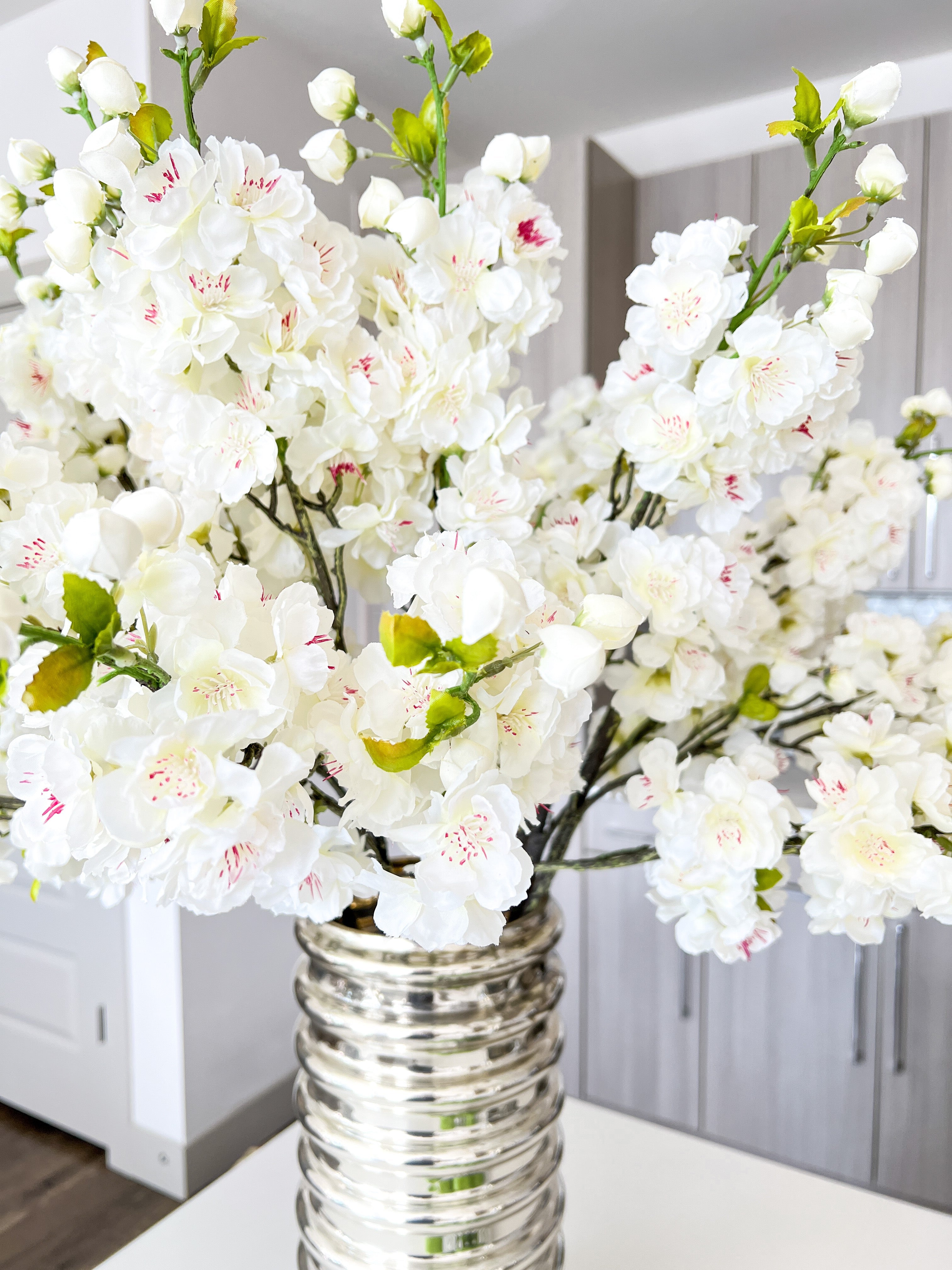 White Faux Cherry Blossom Stem (Pack of 3) - HTS HOME DECOR
