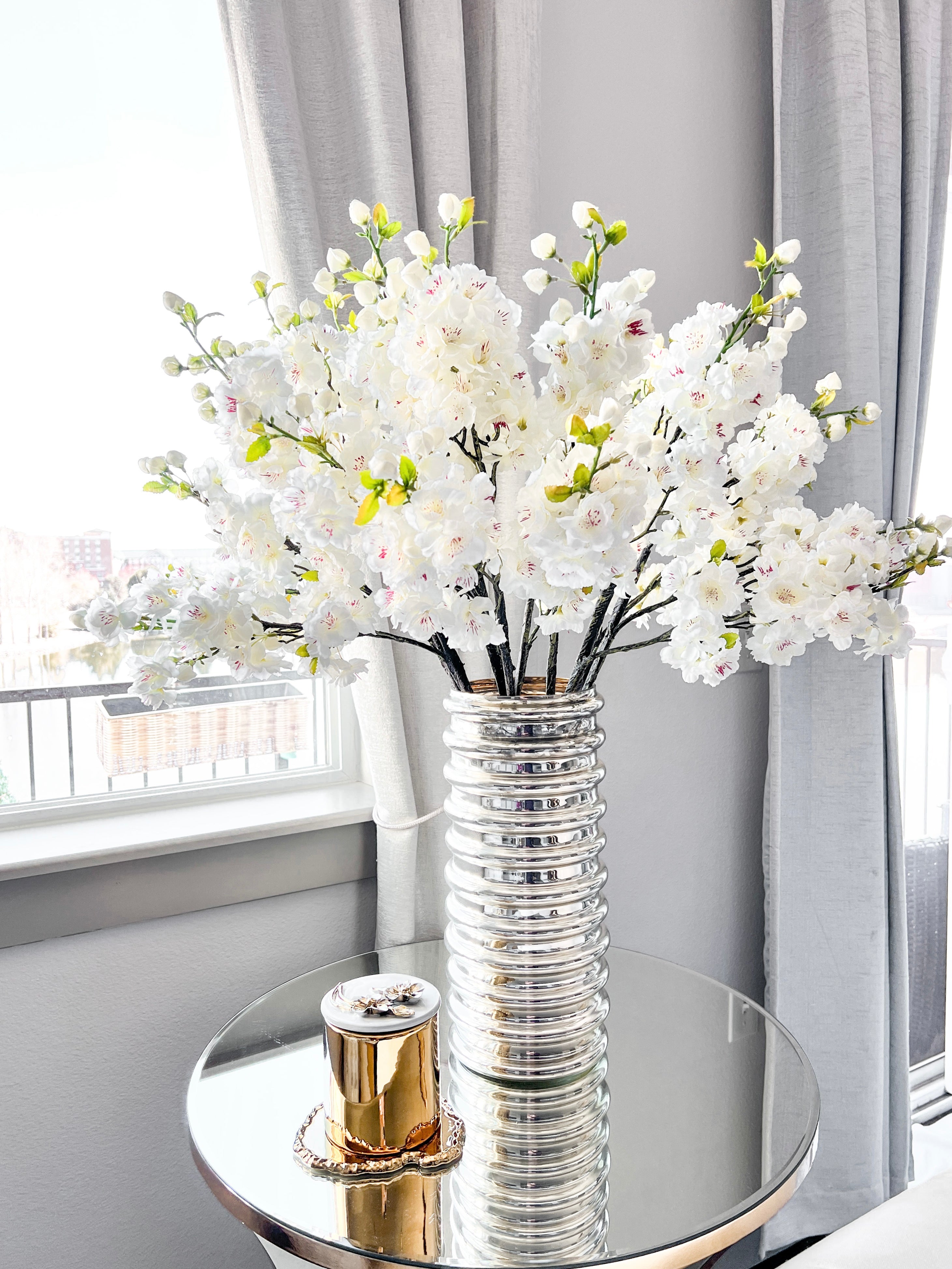 White Faux Cherry Blossom Stem (Pack of 3) - HTS HOME DECOR