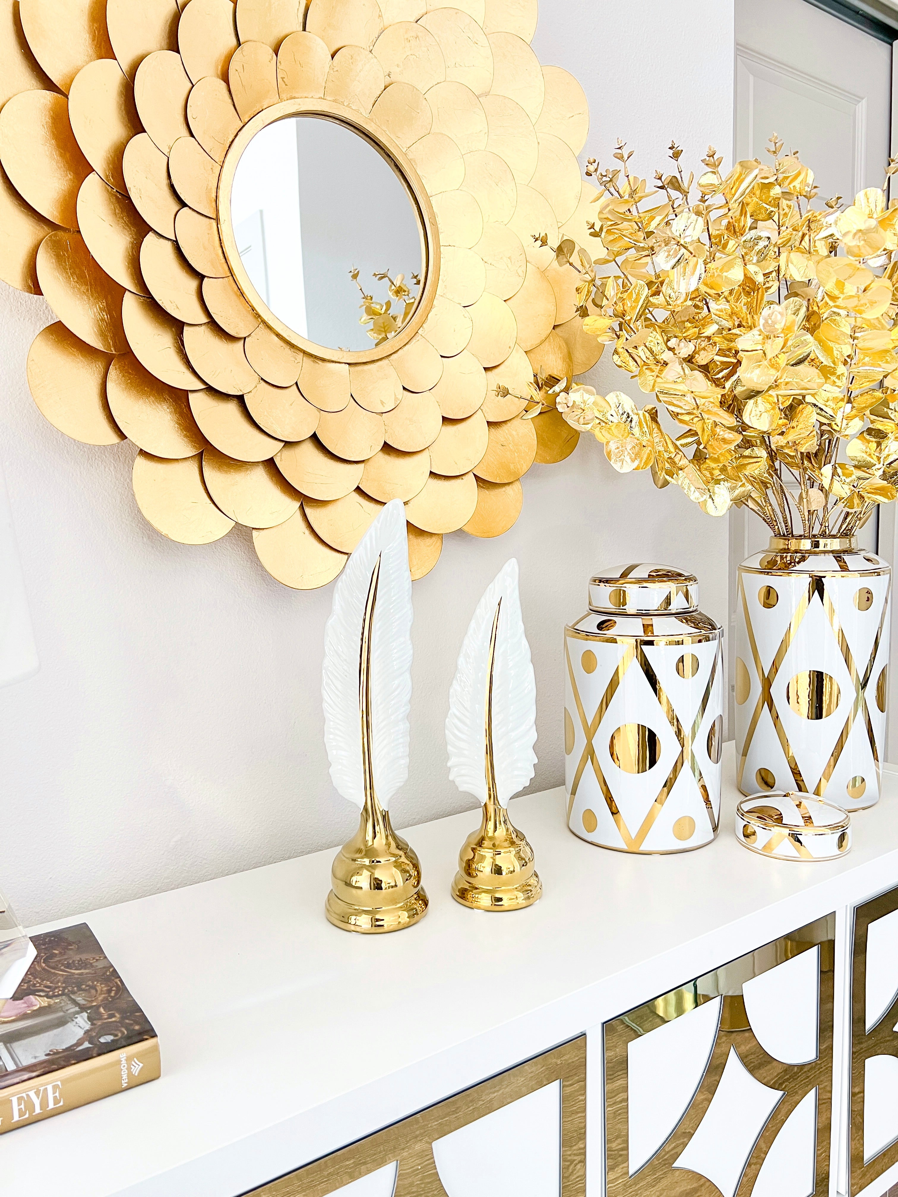 White & Gold Decorative Feather Sculpture (Set of 2) - HTS HOME DECOR