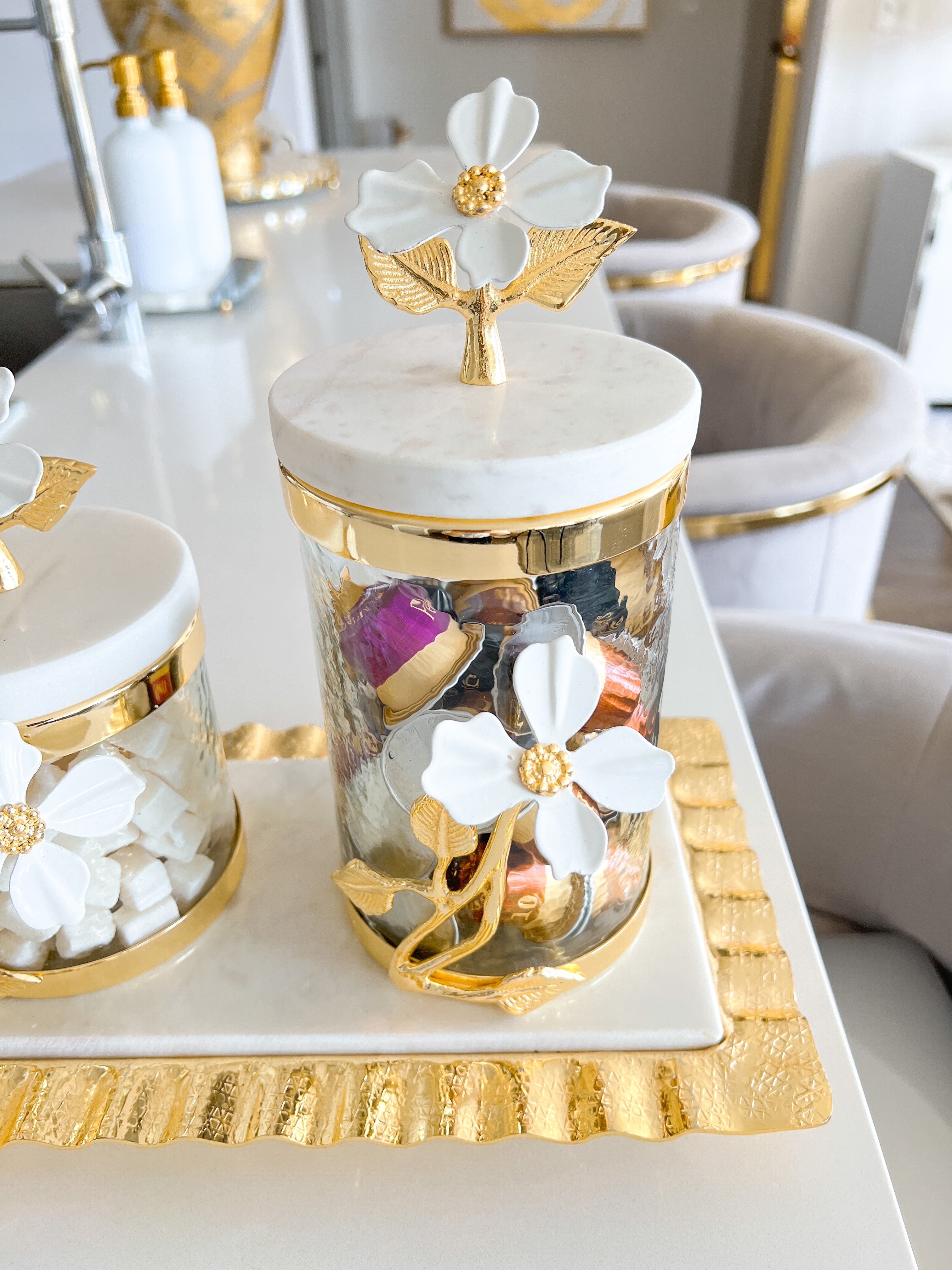 White Jasmine Gold Canister Set - HTS HOME DECOR