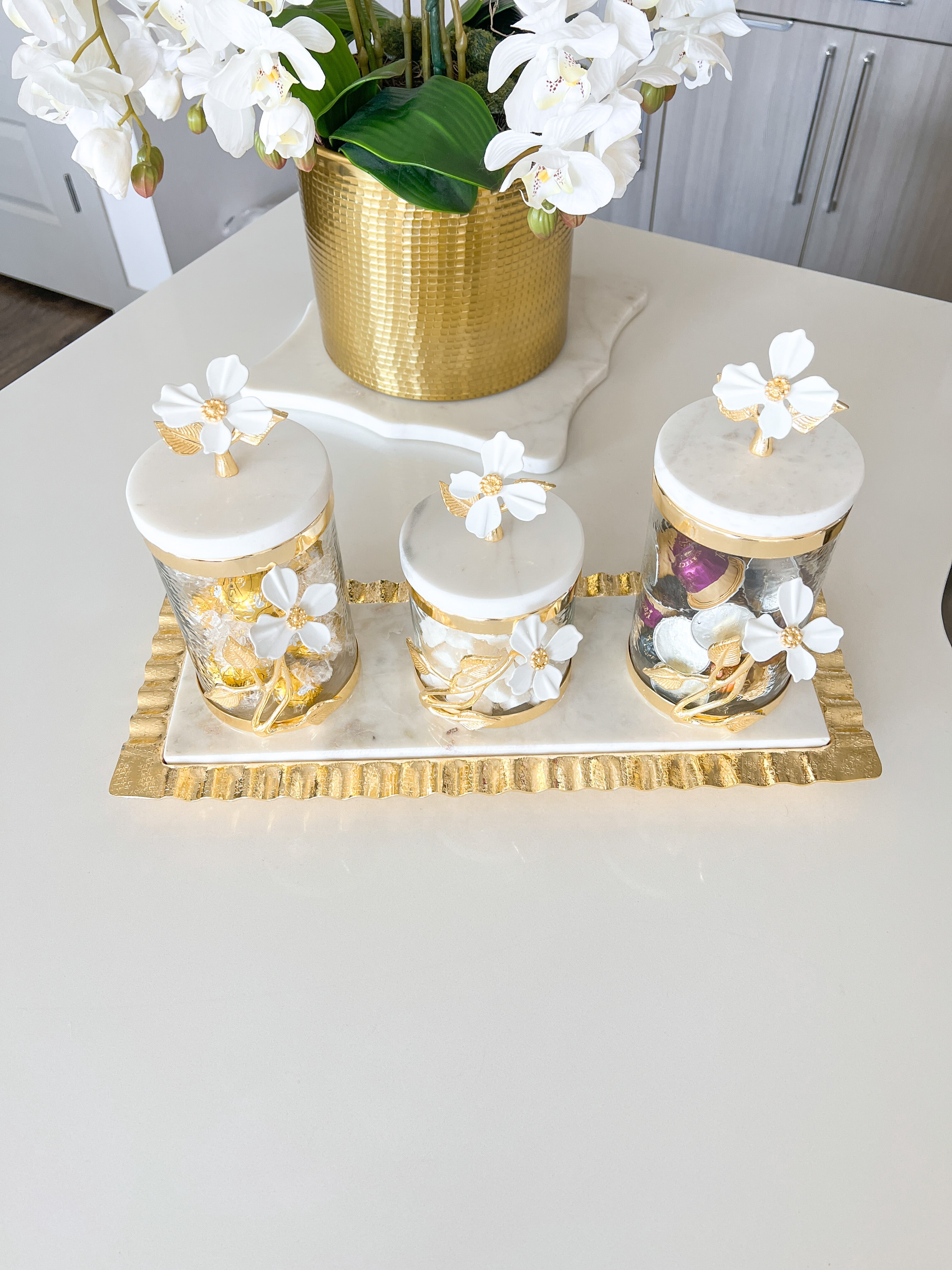 White Jasmine Gold Canister Set - HTS HOME DECOR
