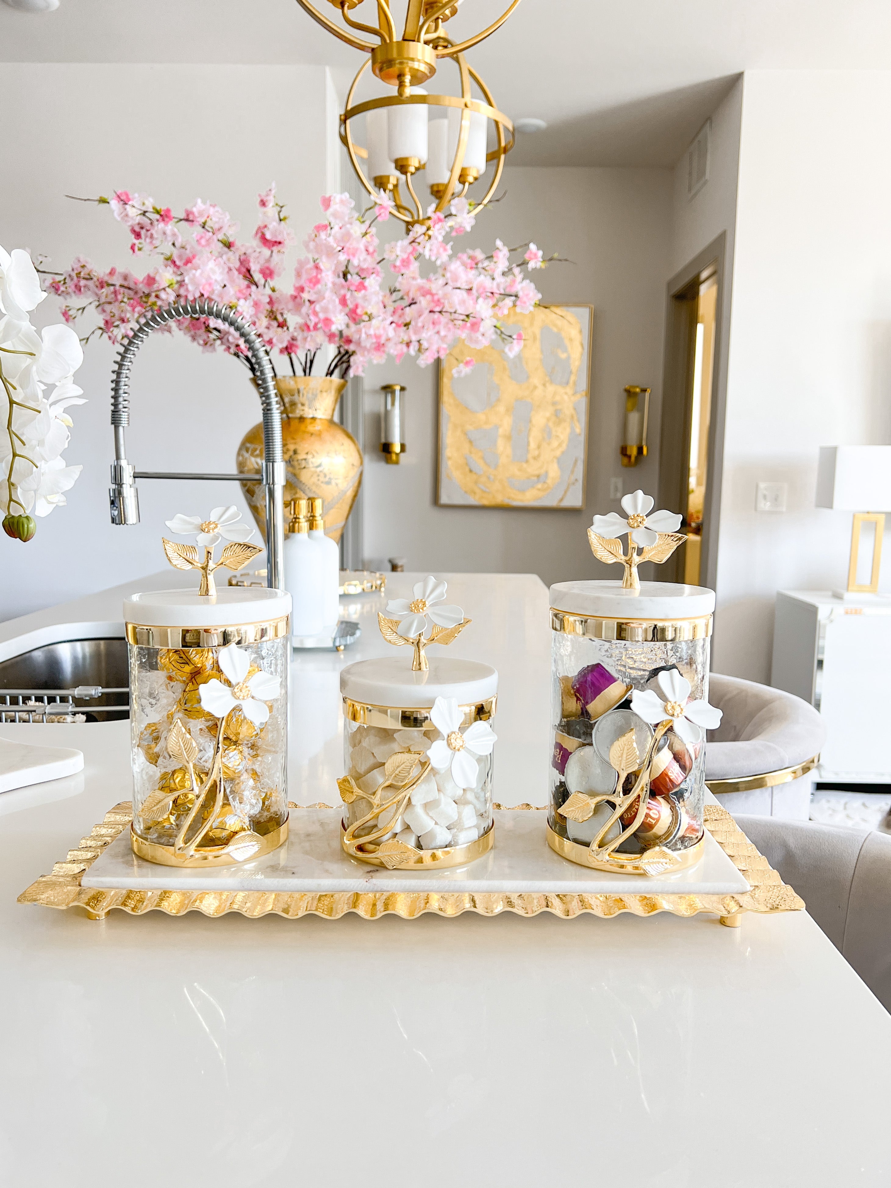 White Jasmine Gold Canister Set - HTS HOME DECOR