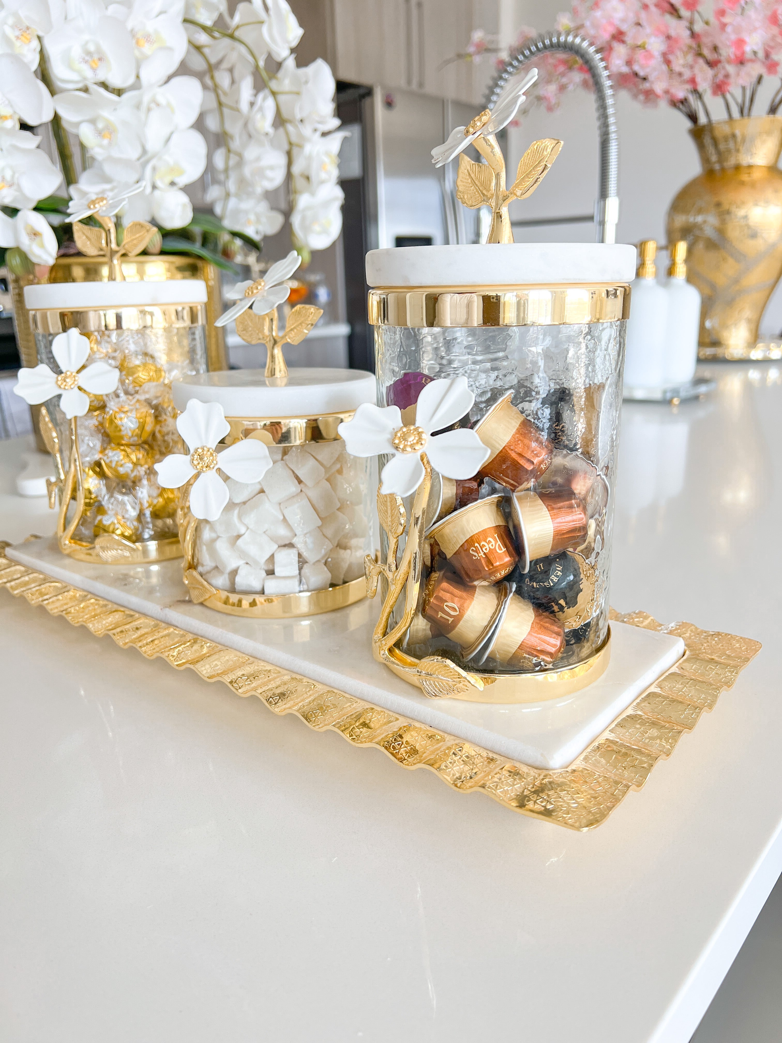 White Jasmine Gold Canister Set - HTS HOME DECOR