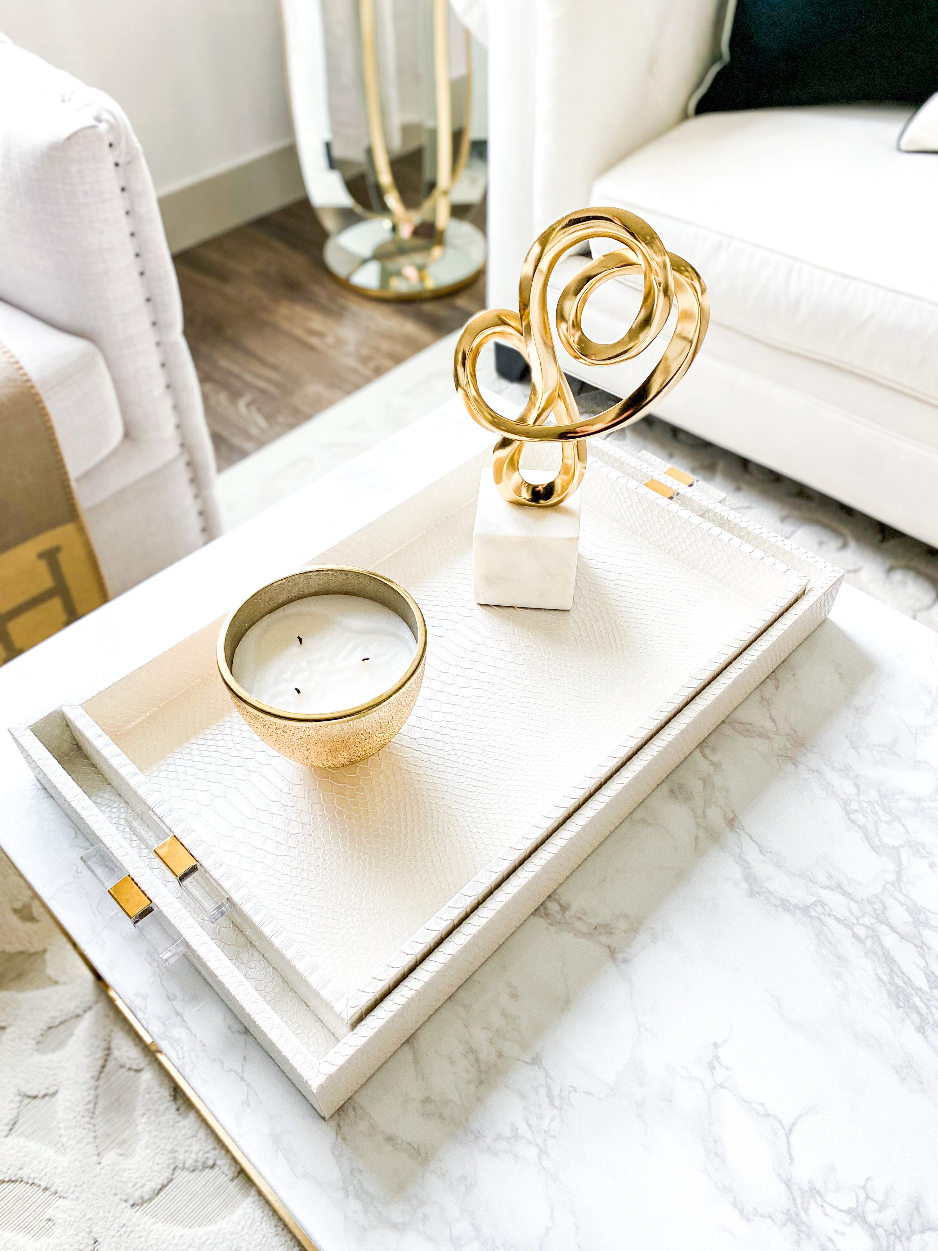 White Leather Tray with Gold Acrylic Handles - HTS HOME DECOR