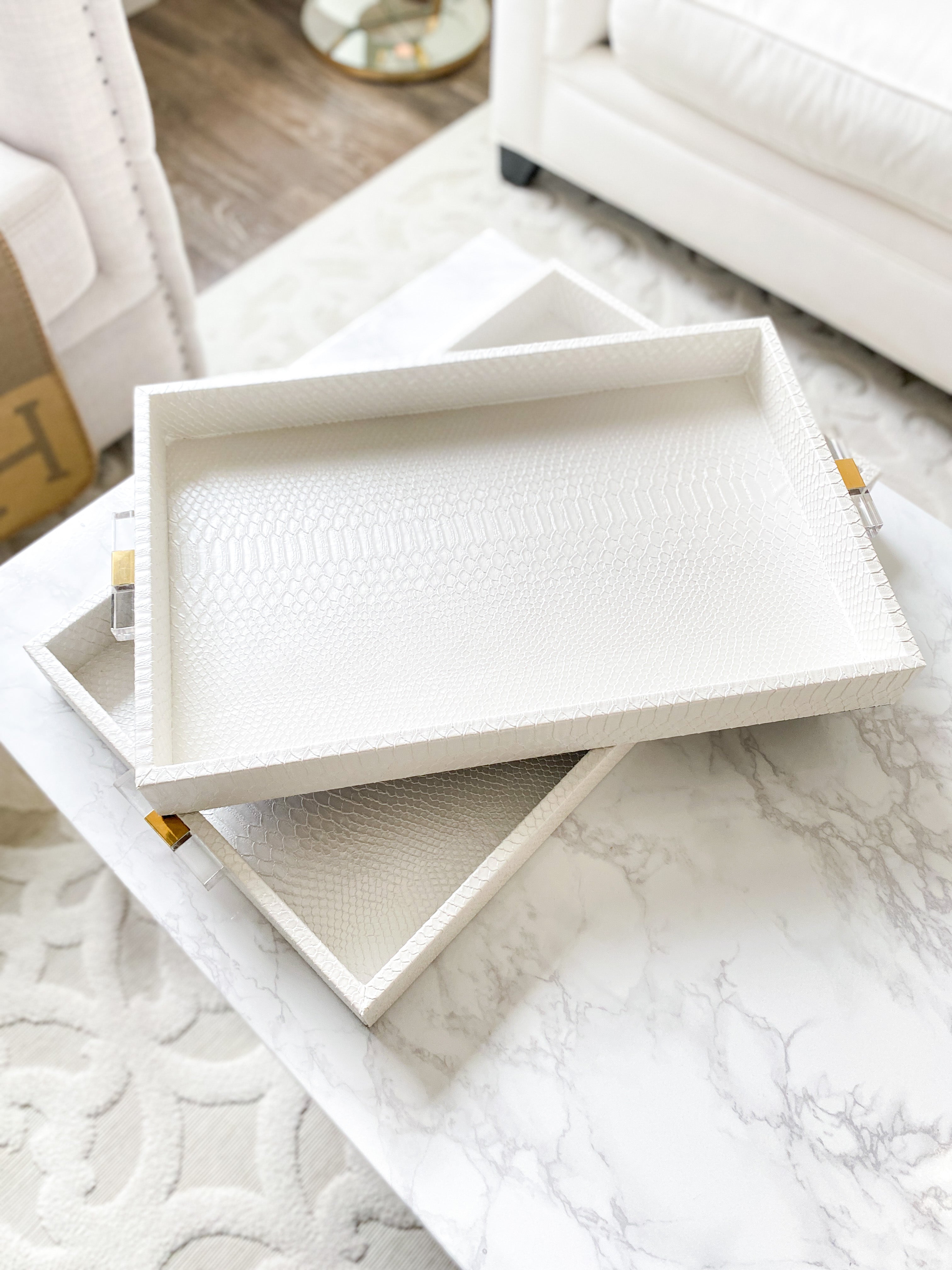 White Leather Tray with Gold Acrylic Handles - HTS HOME DECOR