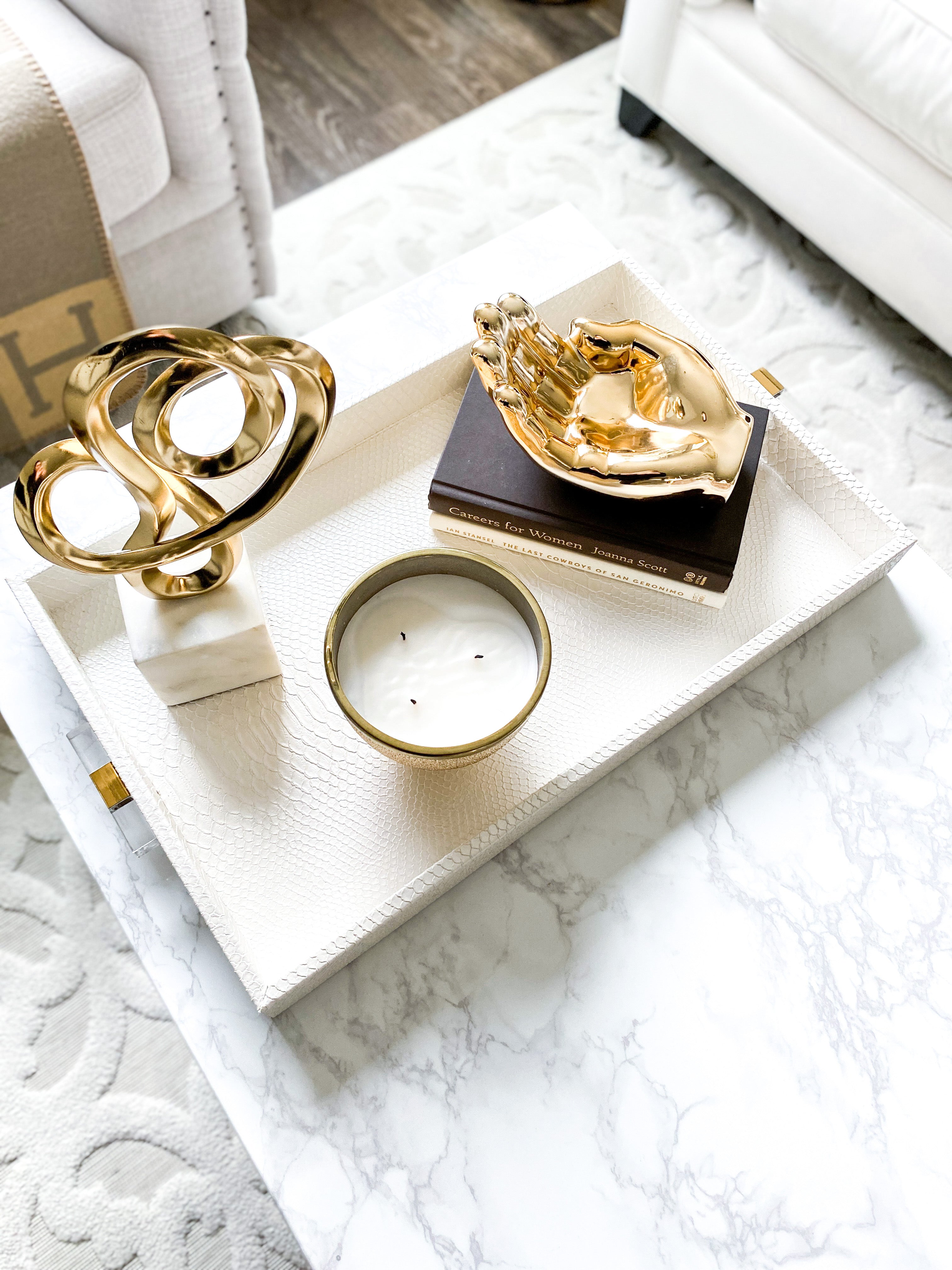 White Leather Tray with Gold Acrylic Handles - HTS HOME DECOR