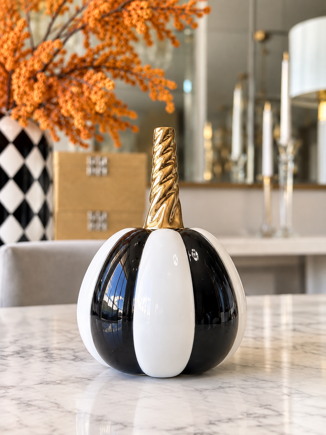 Black and White with Gold Stem Decorative Pumpkin