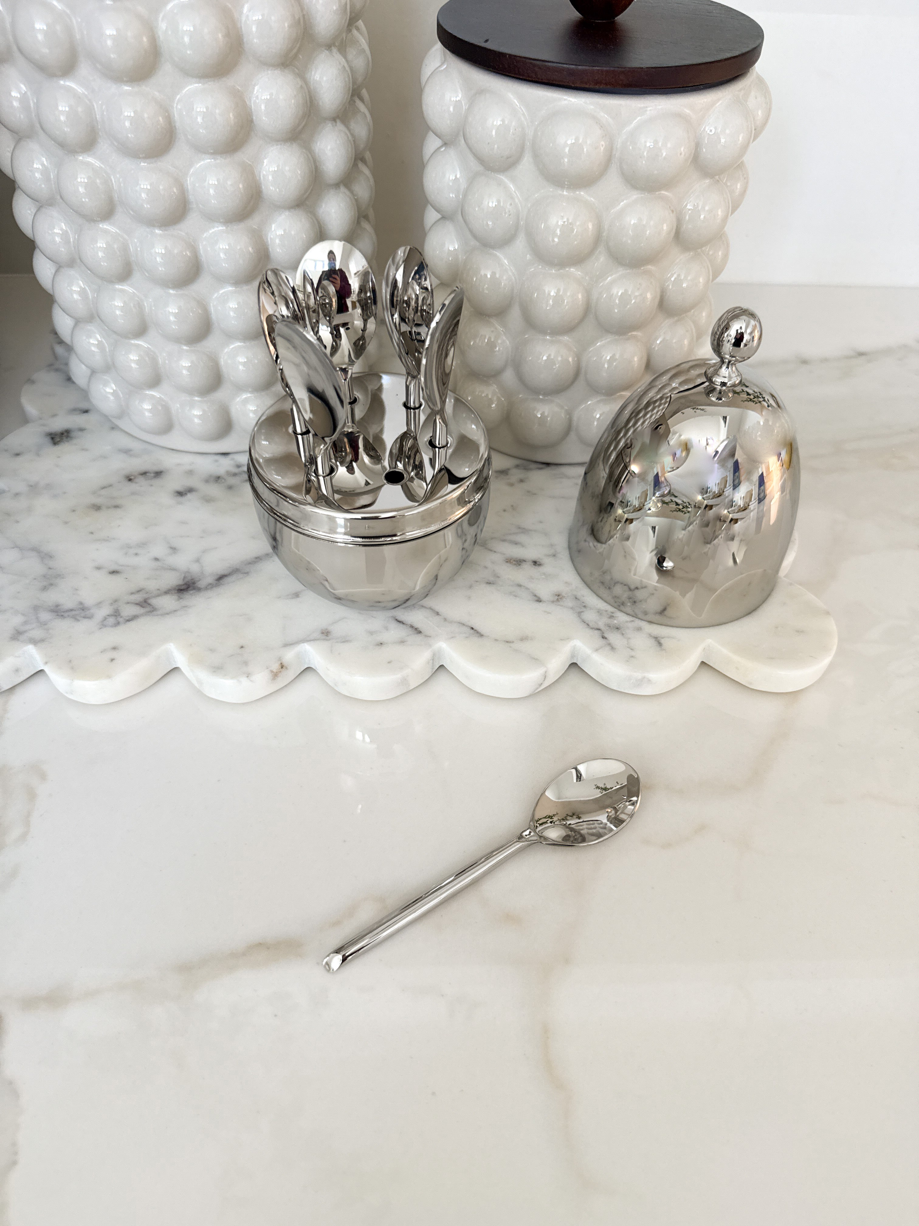 Silver Chrome Desert Spoons with Egg Holder