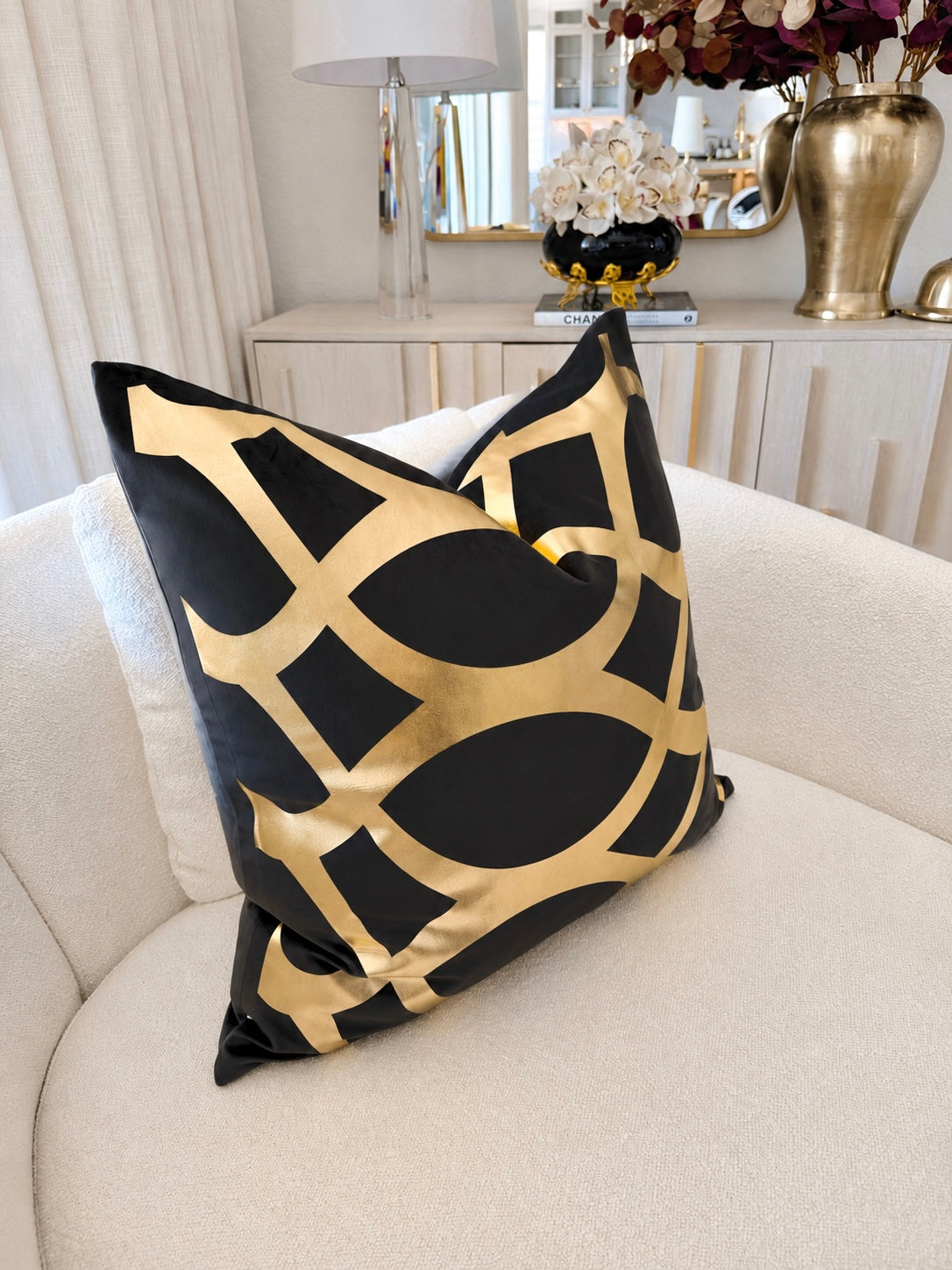 Black and Gold Foil Wavy Pattern Throw Pillow Cover