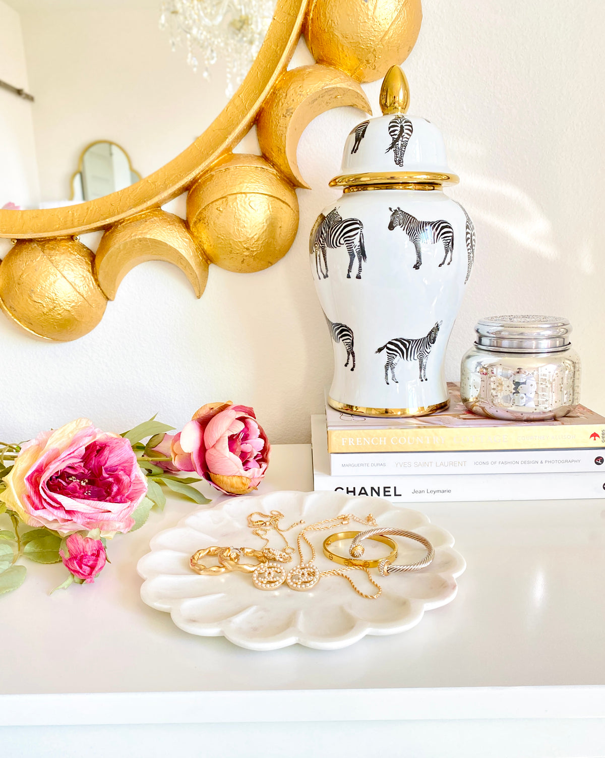 White and Gold Zebra Print Ginger Jar