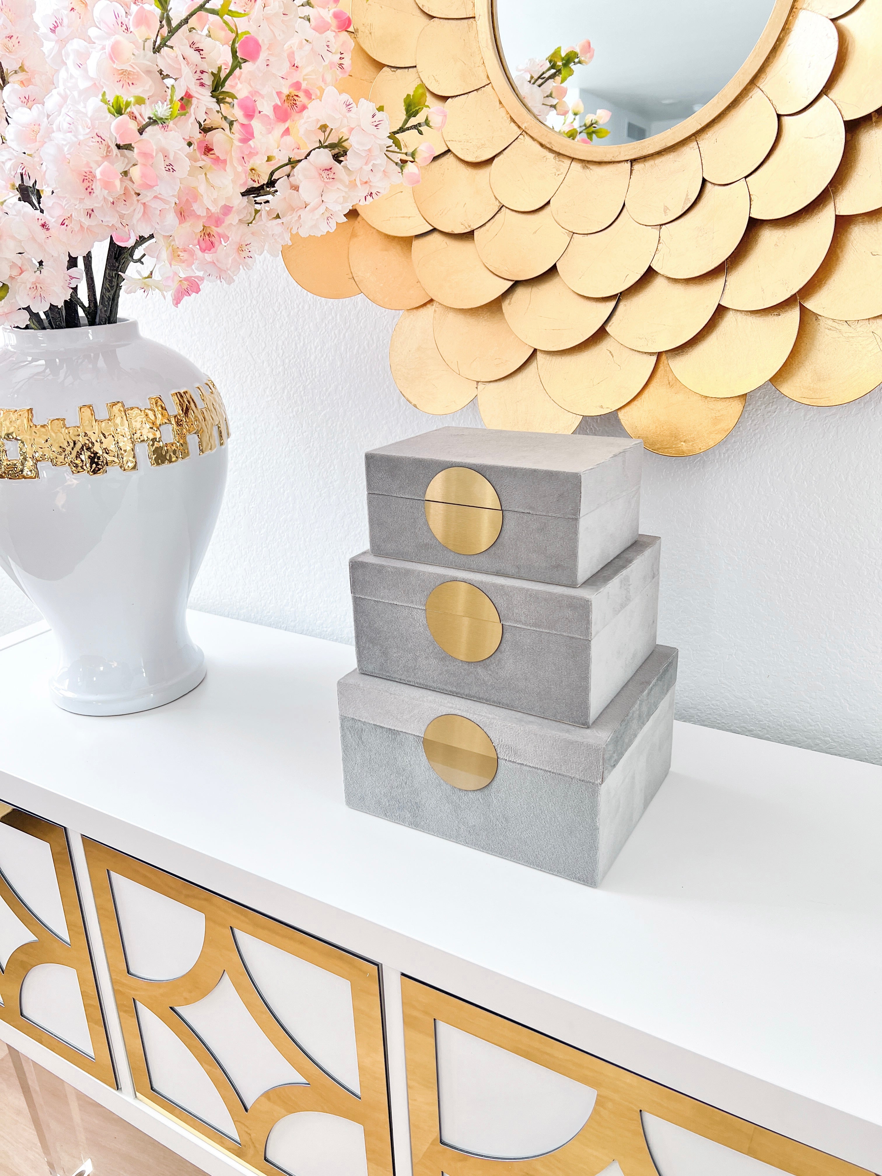 Gray and Gold Velvet Decorative Boxes (Set of 3)