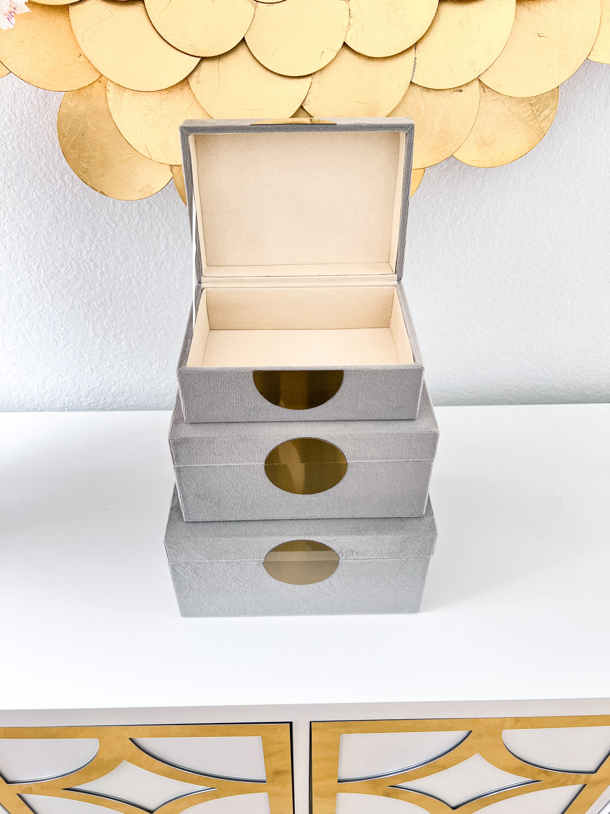 Gray and Gold Velvet Decorative Boxes (Set of 3) | HTS DECOR