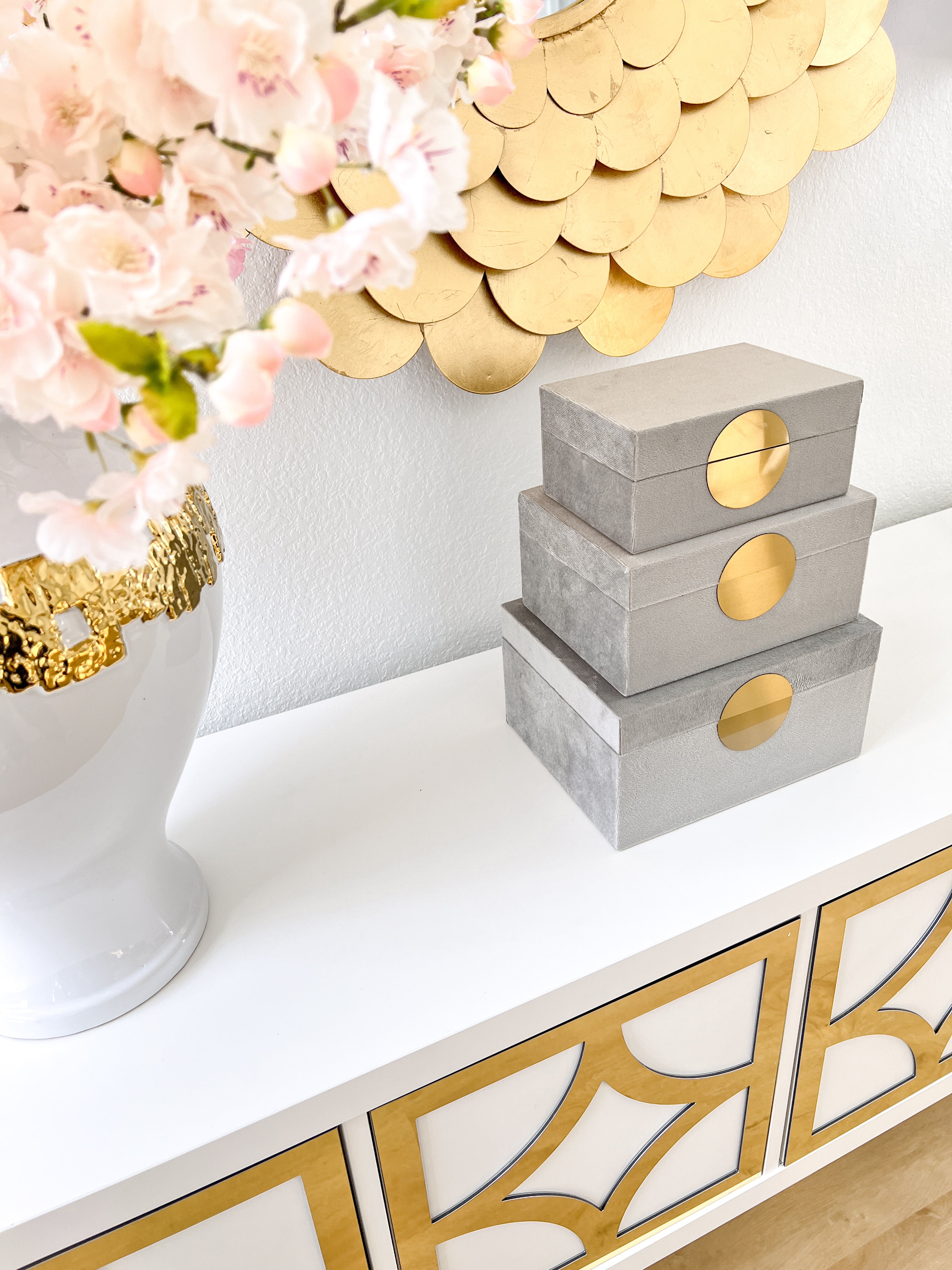Gray and Gold Velvet Decorative Boxes (Set of 3)