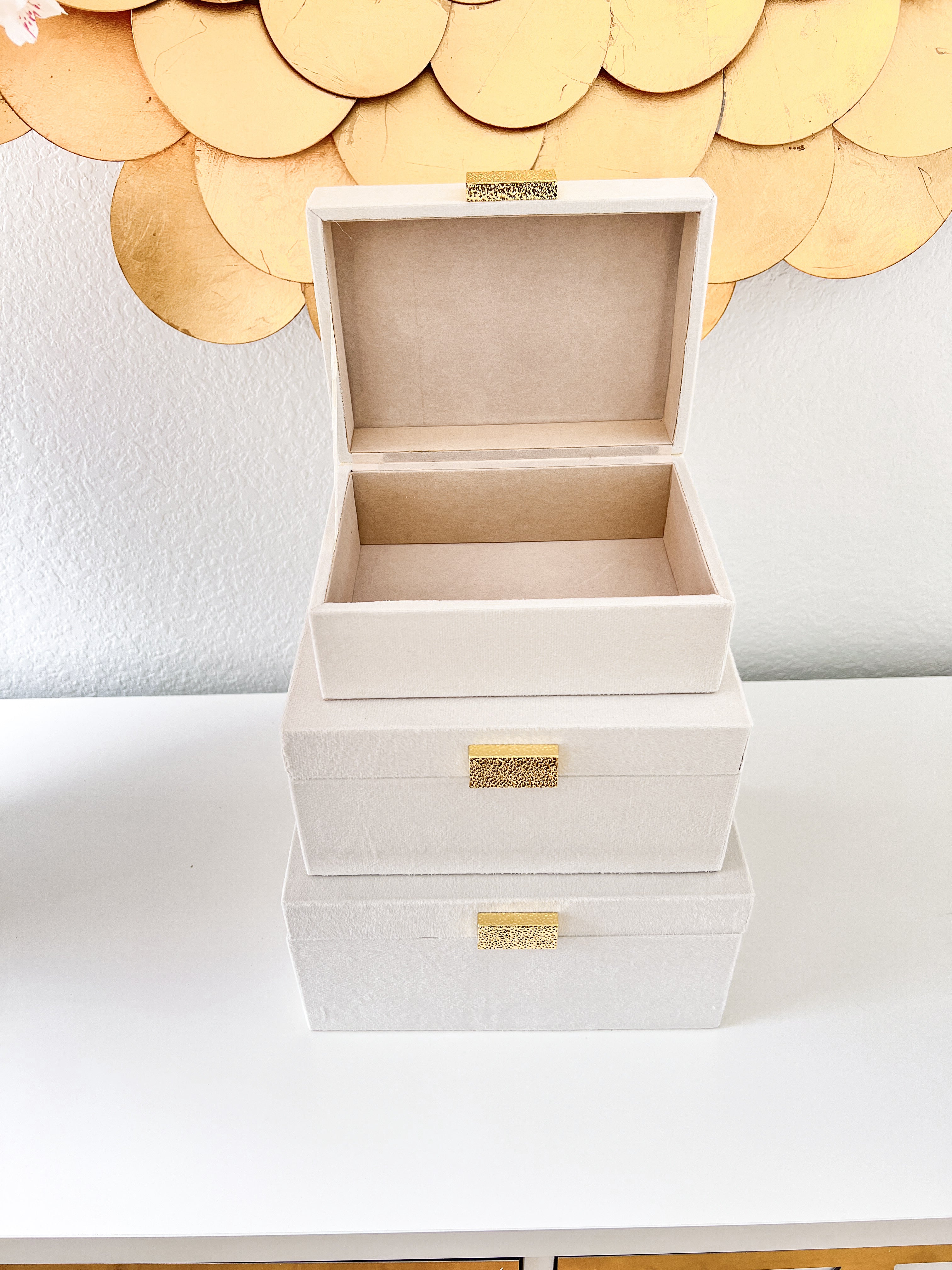 White and Gold Velvet Decorative Boxes (Set of 3)